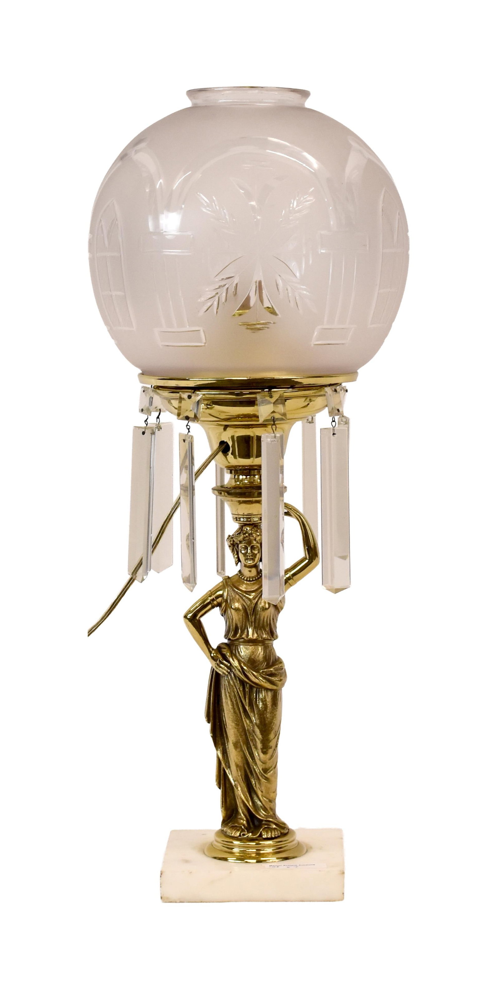 Brass Solar Lamp: 19th C. Classical female figure on a marble base. Cut glass and frosted shade. Cut glass prisms on rim. By: "Cornelius & Company, Philadelphia, Patent 1843". 24" high x 10" diameter of shade. 8.6