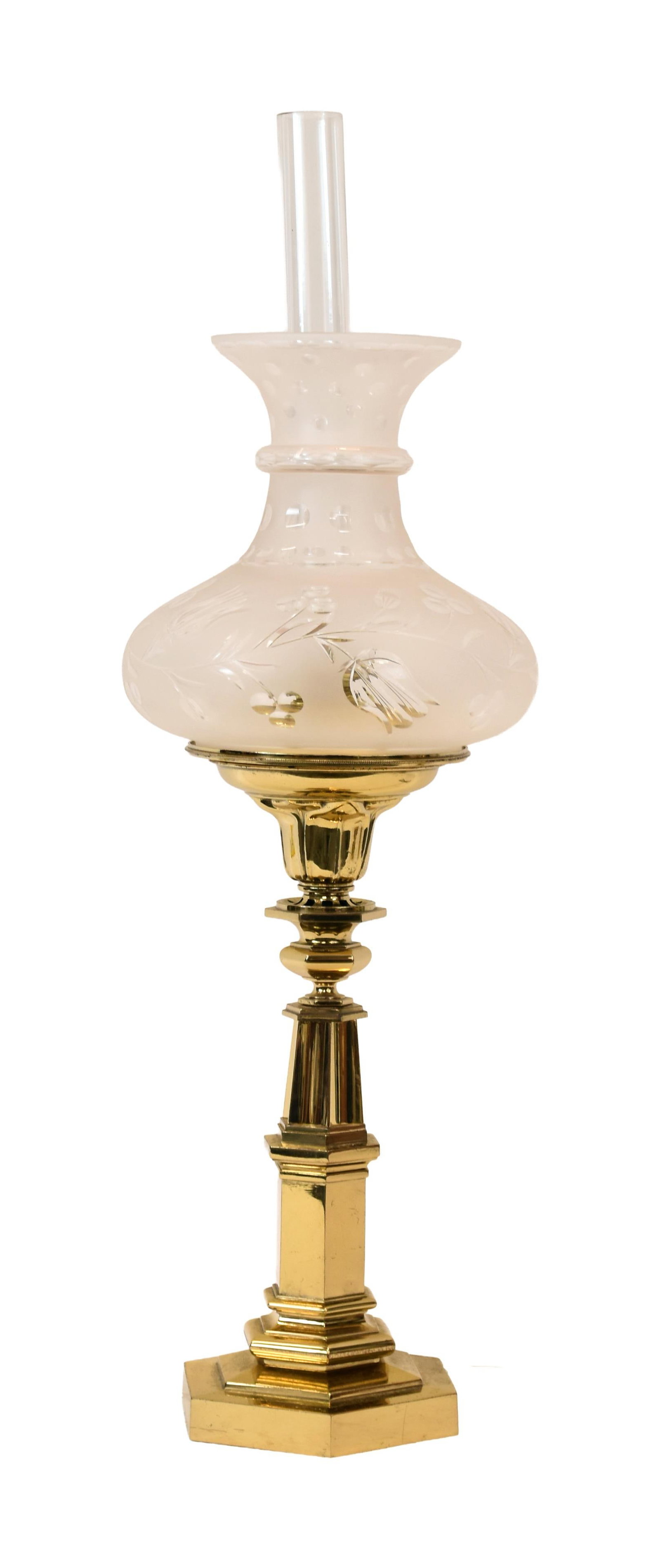 Brass Solar Lamp: 19th C. Cut glass shade. 25" high with shade; 31" high with chimney. 10" diameter of shade. 12.2 lbs. Provenance: Estate of Alfred J. Walker, legendary art dealer and collector. Founder of