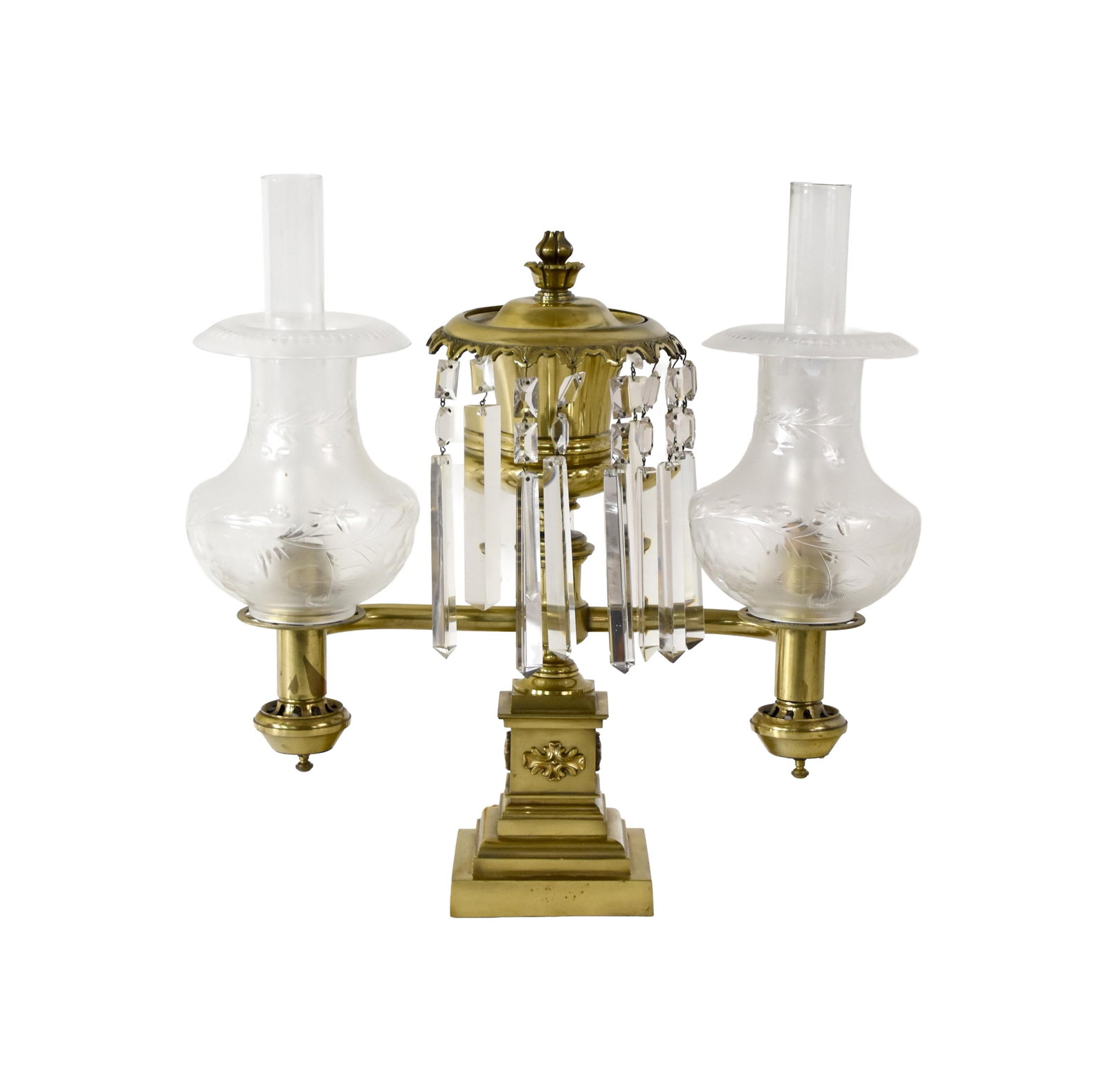 Brass Double-Arm Argand Lamp: 19th C. Classical design with stepped column base. Cut glass shades, prisms, and chimneys. 17" high; 18 1/2" high with chimneys x 15" wide. 6" diameter of shade. 16.2 lbs. Provenance: Estate of