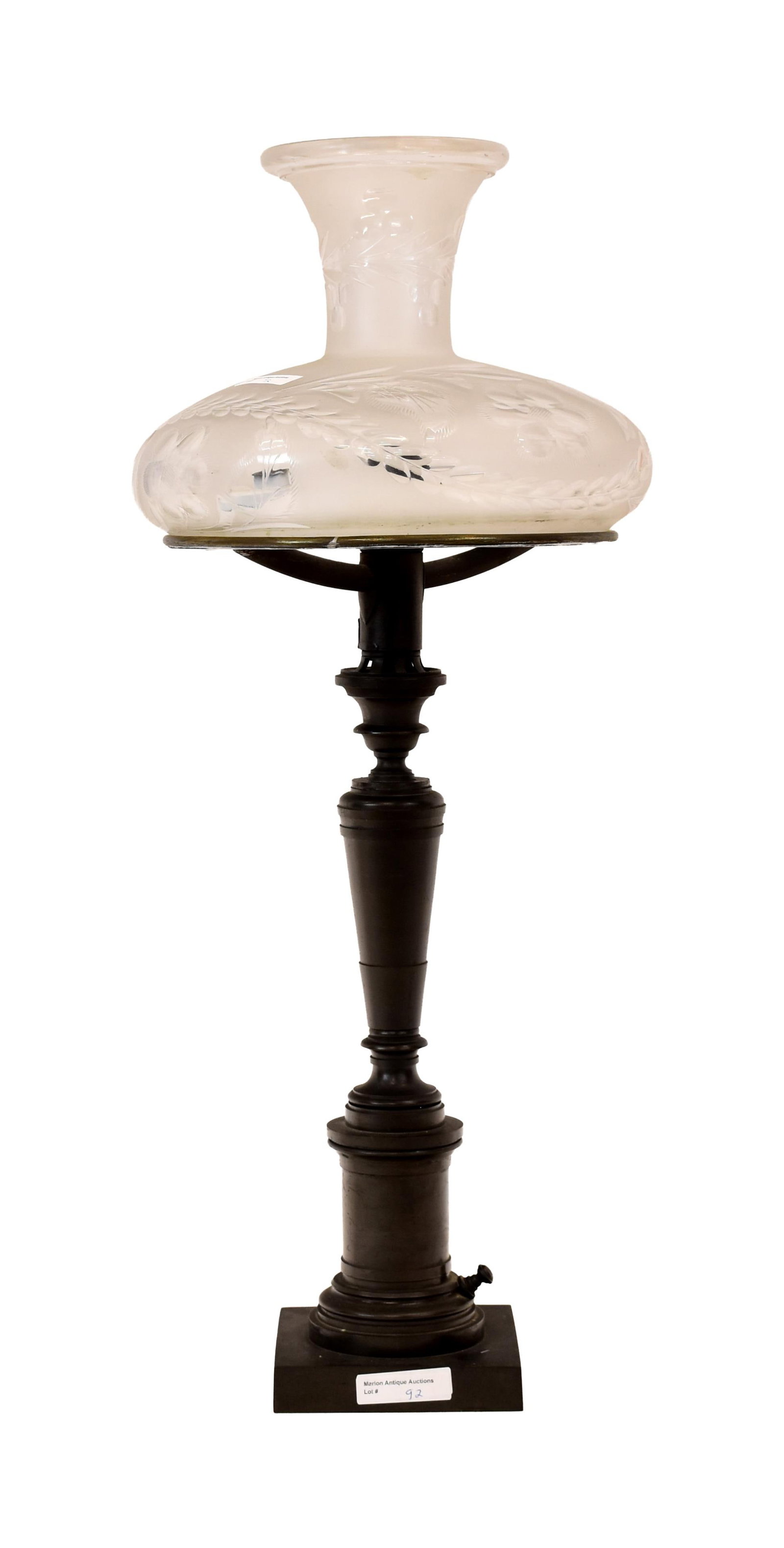 Bronze Sinumbra Lamp: 19th C. Classical pedestal. Cut glass and frosted shade. Signed: "Manufactured by H.N. Hooper & Company, Boston". 24" high x 10" diameter of shade. 9.4 lbs. Provenance: Estate of Alfred J. Walker,