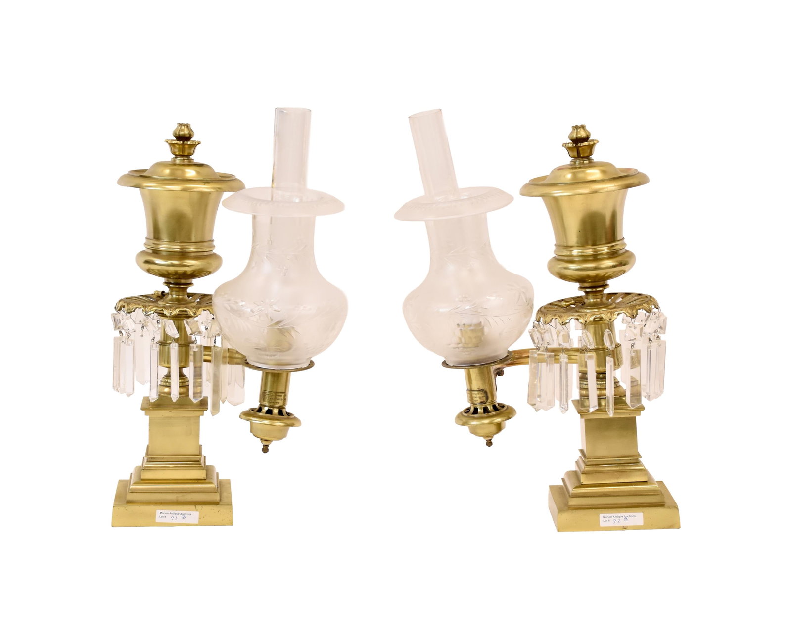 Pair of Brass Argand Lamps: 19th C. Cut glass shades and prisms. Signed "H.N. Hooper, Boston". 17" high; with chimney 18". 6" diameter of shade. 12.4 lbs. each. Provenance: Estate of Alfred J. Walker, legendary art dealer and