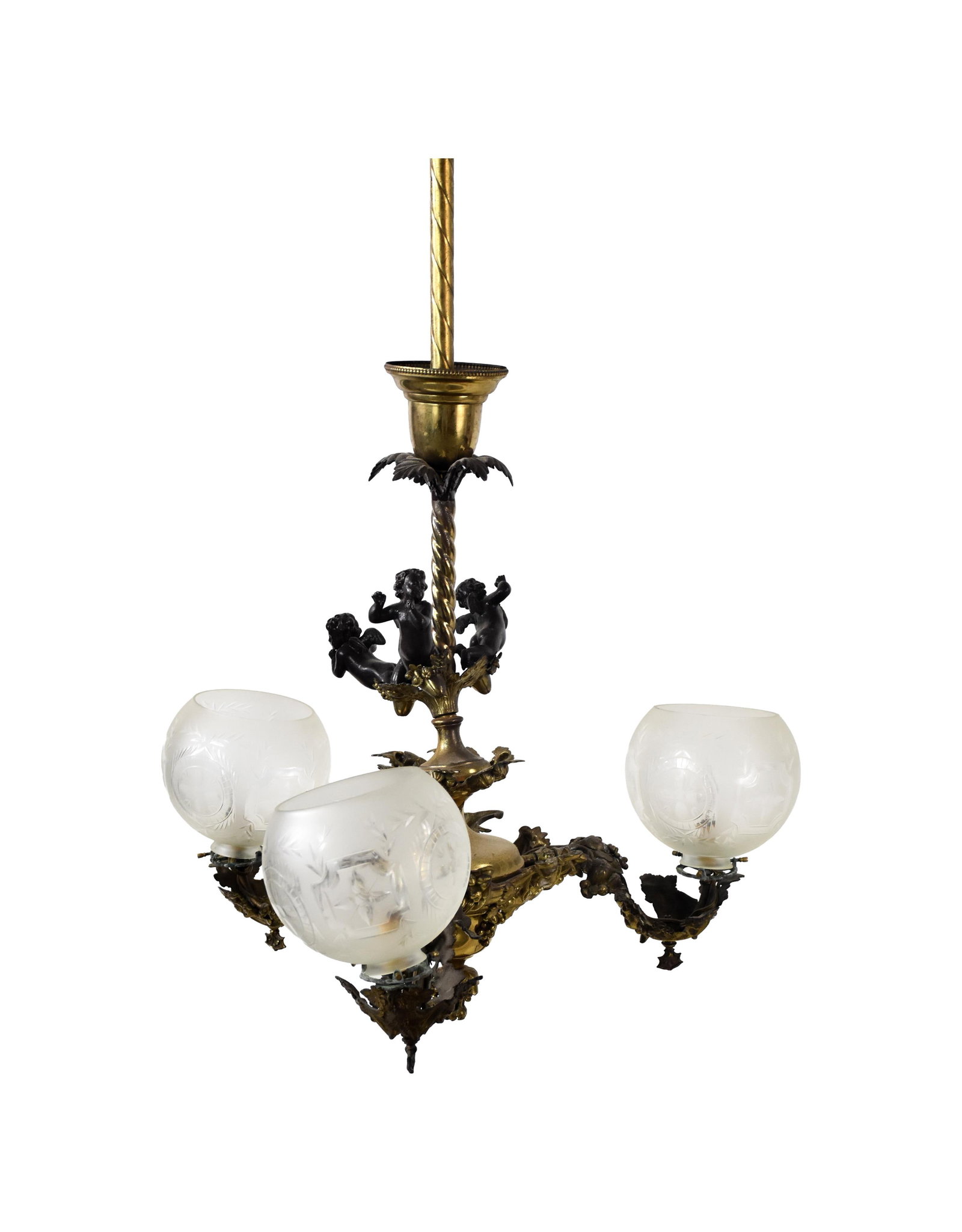 Gilded Brass Chandelier: 19th C. Originally a gasolier. Ornate floral armature. Spiral turned central column. Three bronze winged angels at top. Three cut and frosted period shades. 40" high x 25" diameter. Shades: 7" high x 
