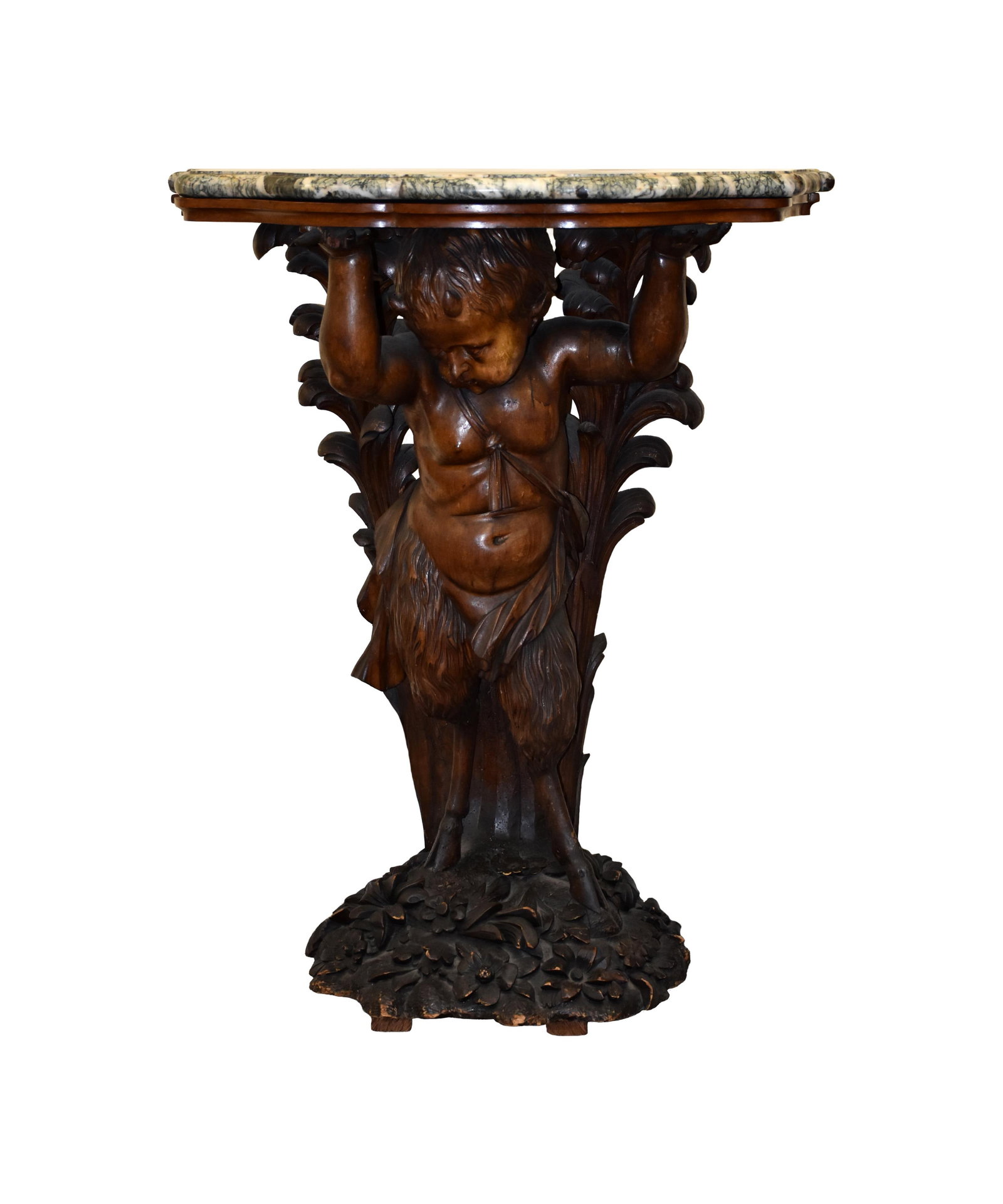 Baroque Period Console Table: Ca. 1675-1725. Continental, probably Italian. Shaped marble top. A finely carved wood base depicting the figure Pan standing in a glade of flowers and foliage. 37 1/2" high x 29" wide x 17 1/2" deep.
