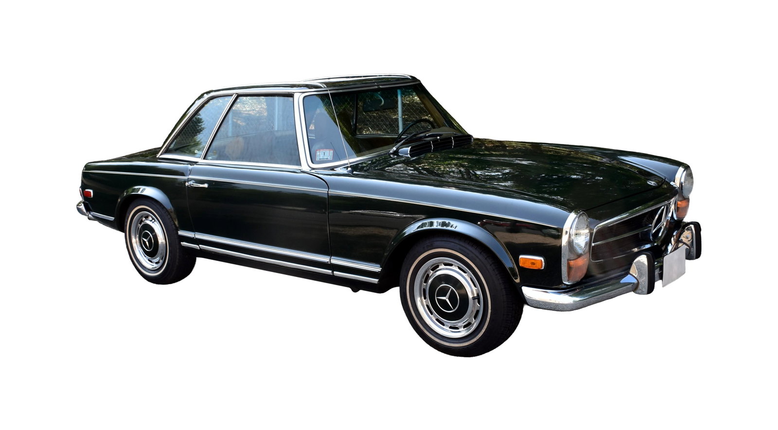 1971 Mercedes 280SL: VIN#113044-12-022-420. Coup with removable pagoda top. British racing green. Light brown leather interior. Comes with spare tire; large collection of original manuals; original tool kit; extra spark