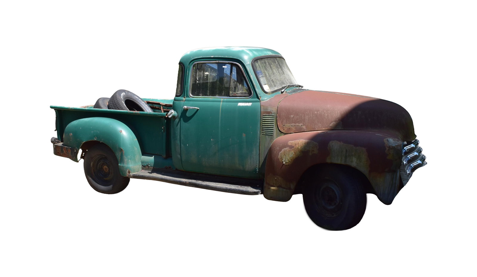 1954 Chevrolet 5-Window Pickup Truck: Serial #10124CZ5545. Green. Inline 6-cylinder engine with standard transmission. Features include gun rack, original and reproduction grille. 4,800 lbs. Includes partial title and key. Last