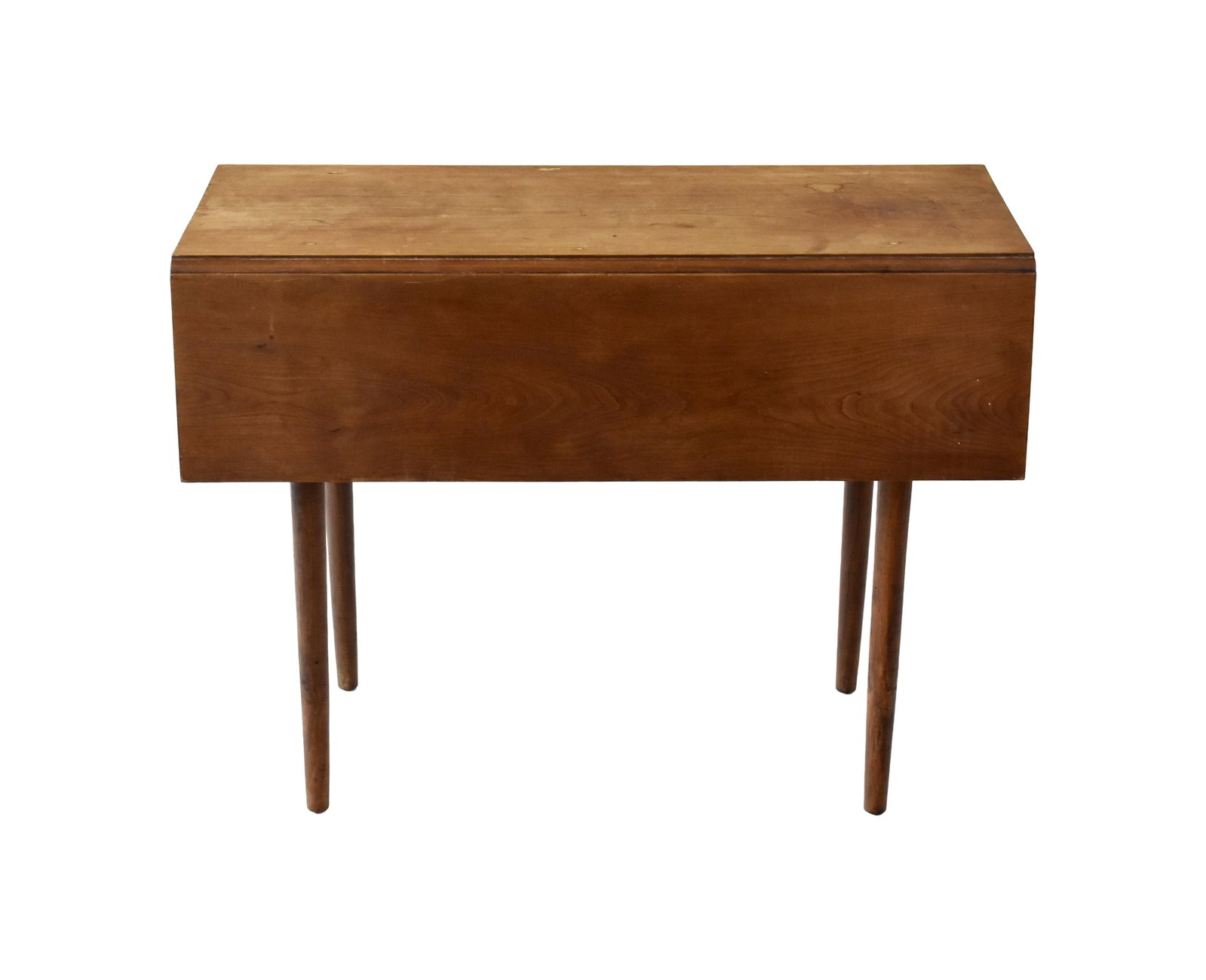 Small Shaker Drop-Leaf Table: Early 19th C. Cherry. Turned tapered legs. Pegged construction. Classic design. One lipped drawer with brass pull. Ruled edge top. 27 1/4" high x 14" wide x 33 3/4" long. 9" drop leaves. Provenance: F
