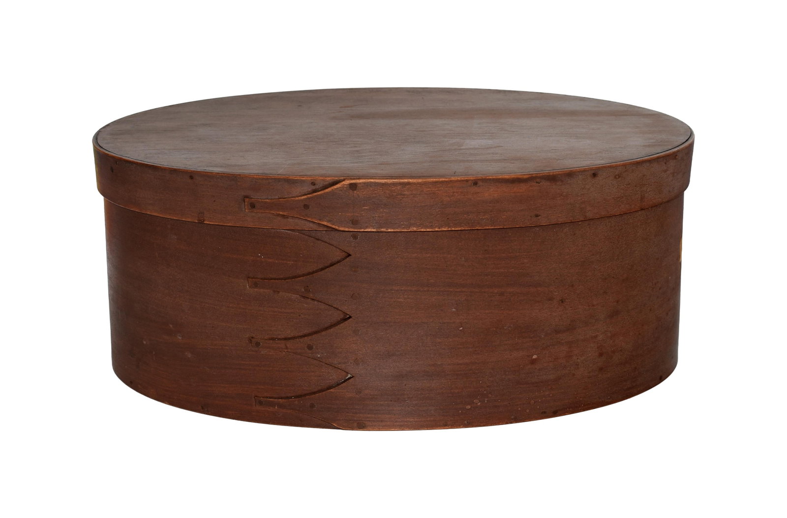 Shaker Oval Fingered Box: 19th C. Maple and pine. Old brownish/red wash. Four fingers. 5 1/2" high x 13 1/2" wide x 9 5/8" deep. Provenance: From the collection of Charles and Helen Upton of Troy, New York.Good condition.