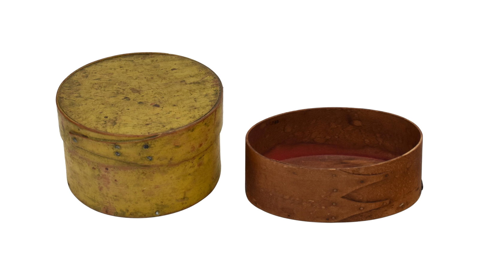 (2) Shaker Boxes: Early- to Mid-19th C. To include: (A) Fingered open oval box. Maple and pine. Two fingers. Signed on base: "Eldress Betsy Bates, Jan. 4, 1861". 2" high x 5" wide. (B) Round box with fingered cover.