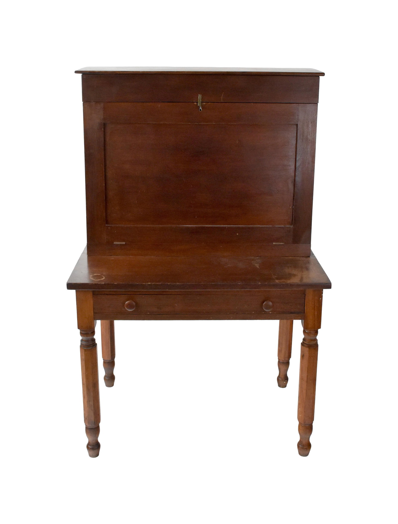 Drop-Front Desk: Mid-19th C. Possibly Groveland. Walnut. Lift top. Fitted interior. Base with one drawer. Turned and faceted legs. 57 1/2" high 36" wide x 23 3/4" deep. Provenance: From the collection of Charles and H