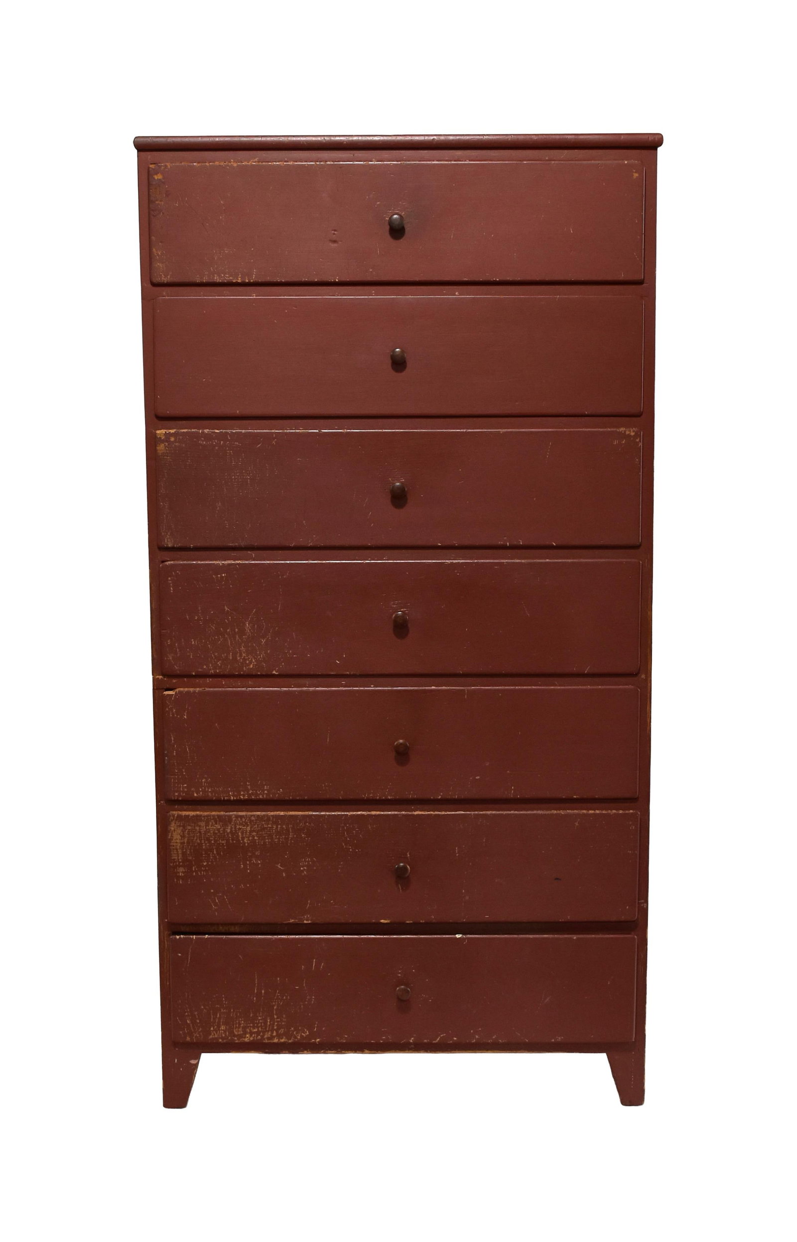 Shaker Seven-Drawer Tall Chest: Early 19th C. Mount Lebanon, New York. Pine. Turned cherry pegged-in knobs. Cutout ends. 60" high x 31" wide x 21" deep. Drawers are 7" high. Provenance: From the collection of Charles and Helen