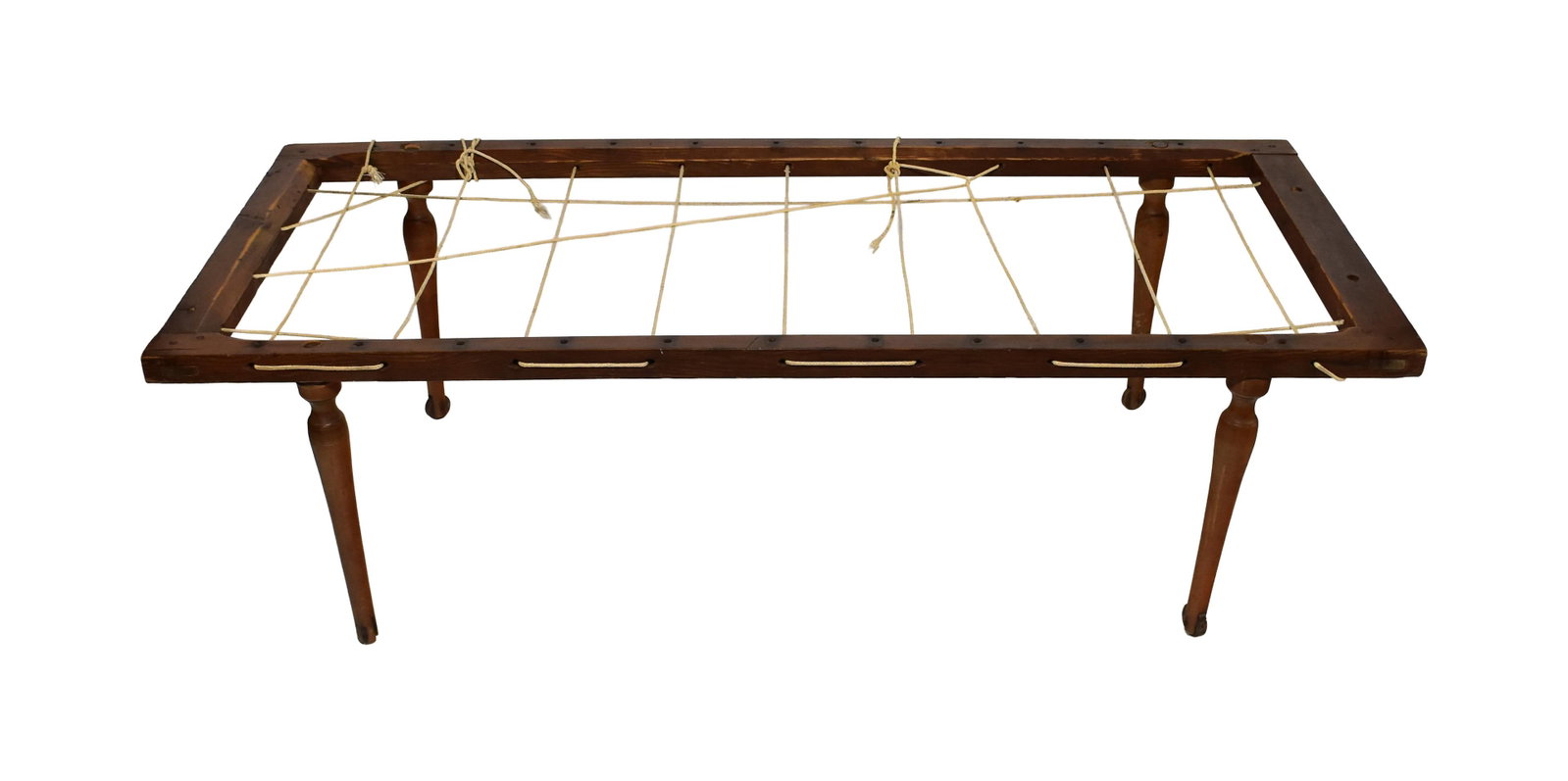 Shaker Rope Bed: Early 19th C. Cherry turned and tapered legs. Pine frame with ropework. Pegged on the diagonal. 75 3/4" long x 33" wide bedframe. Legs are 20 1/2" high. Provenance: From the collection of Charles and