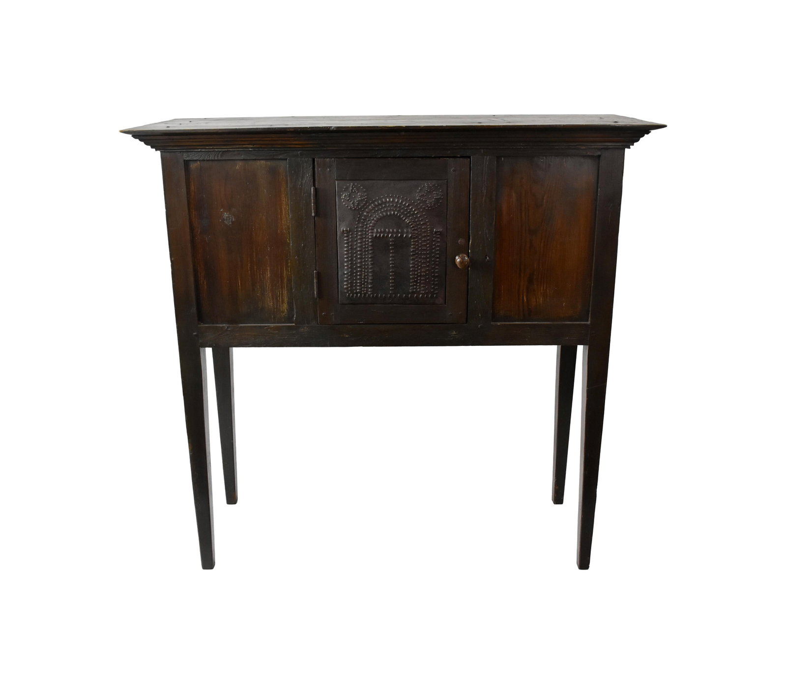 Georgia Hunt Board: Early 19th C. Southern hard pine. Punched tin door with design motif believed to represent The University of Georgia Arch. Pegged construction. Tall tapered legs. Stepped molded top. 52 3/4" high x