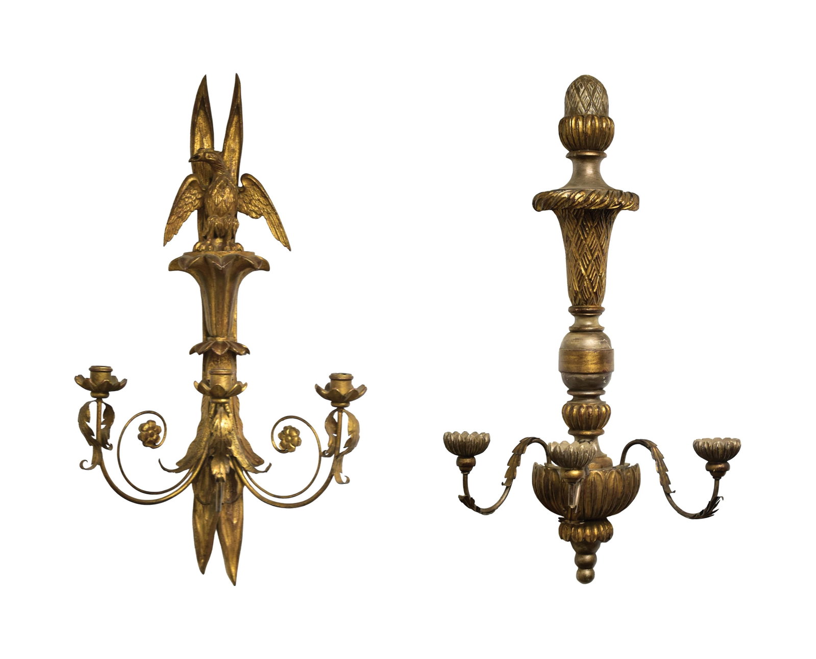 (2) Italian Three-Light Wall Sconces: 20th C. Neoclassical. To include: (A) Pineapple top with carved and turned gold and silver painted finish. Metal arms with foliate design. 35" high x 18 1/2" wide x 13" deep. (B) Carved eagle top.