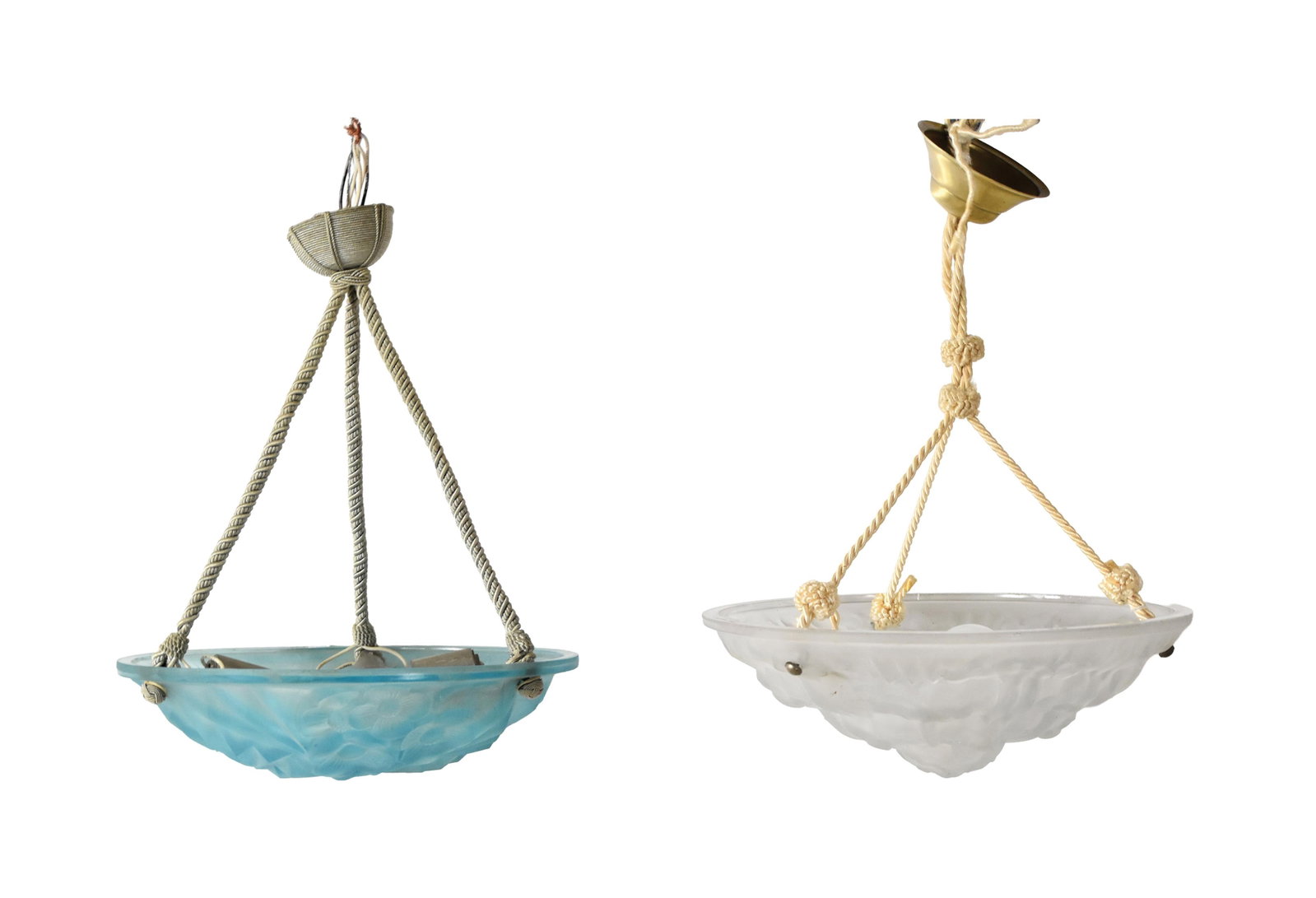 Pair of Degue Art Deco Ceiling Lights: Ca. 1930. Art Deco. Frosted glass. To include: (A) Clear frosted glass. Signed "710 and Degue France" on rim. Twisted silk cords. 13 3/4" diameter x 5" high. (B) Aqua frosted glass. Stamped "609". Uns