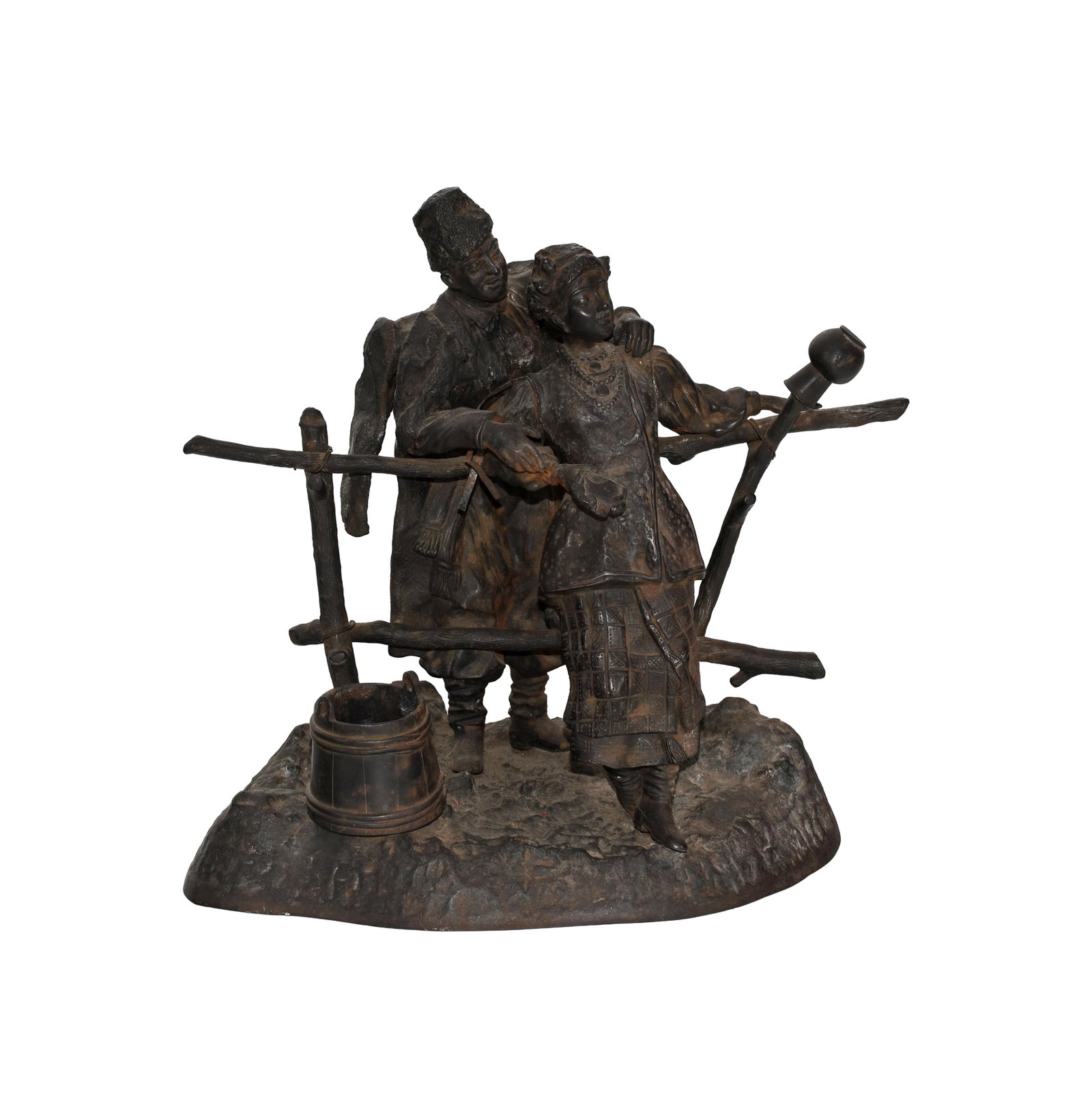 Russian Cast Iron Figural Grouping: 19th. C. Depicts two Ukrainian peasants. Signed lower right in Cyrillic Alexander Petrrovich Safonov (1852-1913). Underside has a circular mark which appears to be a double-headed eagle. 12 1/2" high