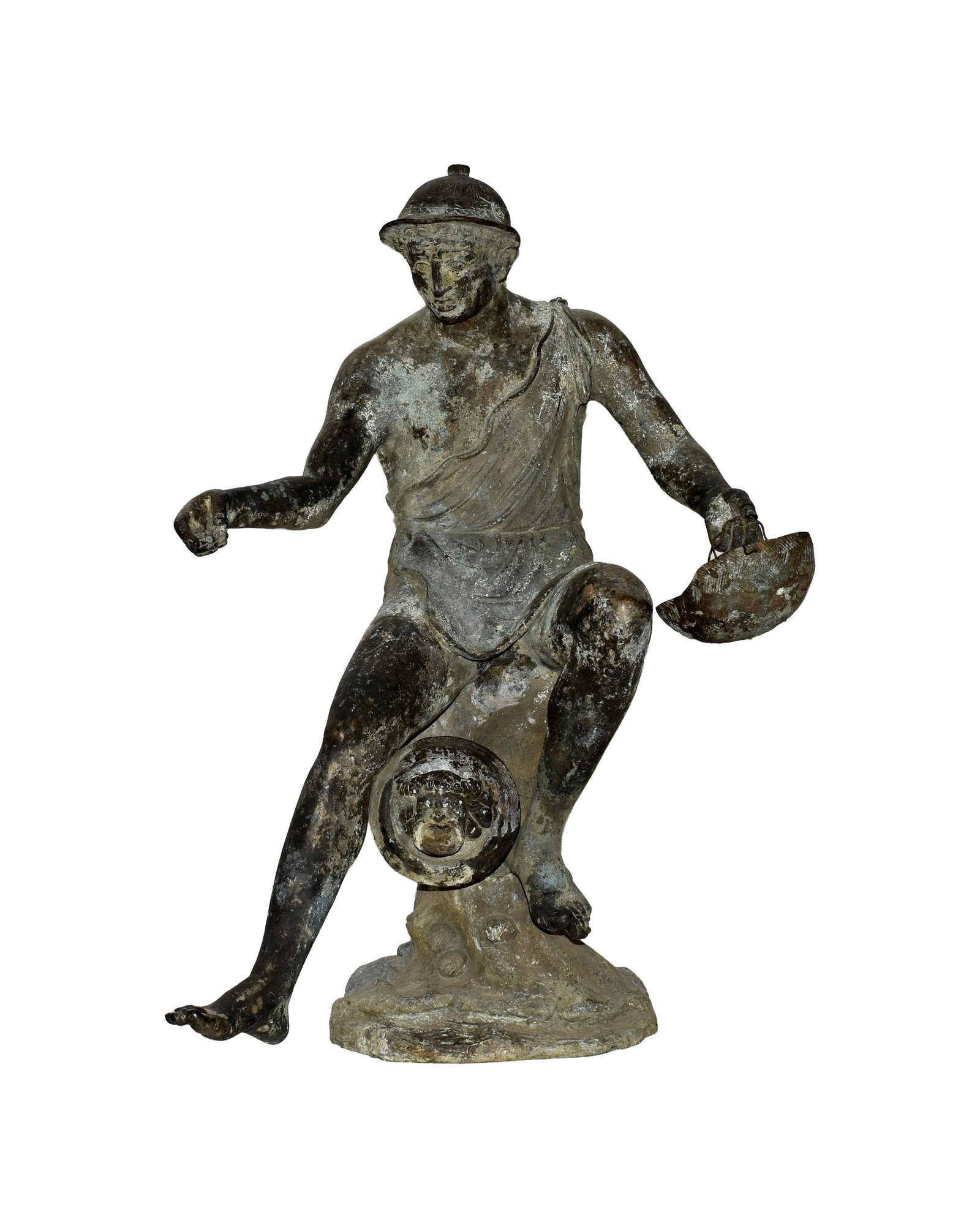 Grand Tour Bronze of the Neapolitan Fisherman: 19th C. Bears the foundry mark of Sabatino de Angelis. 22" high x 12" wide x 13" deep. 32 lbs.Good condition consistent with age. Verdigris and patina throughout giving an overall worn finish.