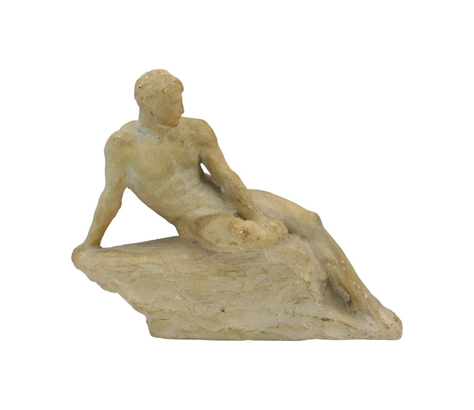 Annetta Johnson St. Gaudens Sculpture: (American, 1869-1943). Plaster sculpture. "Resting Athlete". Signed with initials and inscribed "Orchard" #30, Orchard Kilm Pottery, Cornish, NH". 7 1/2" high x 9 1/2" wide x 4" deep. 2.8 lbs. She
