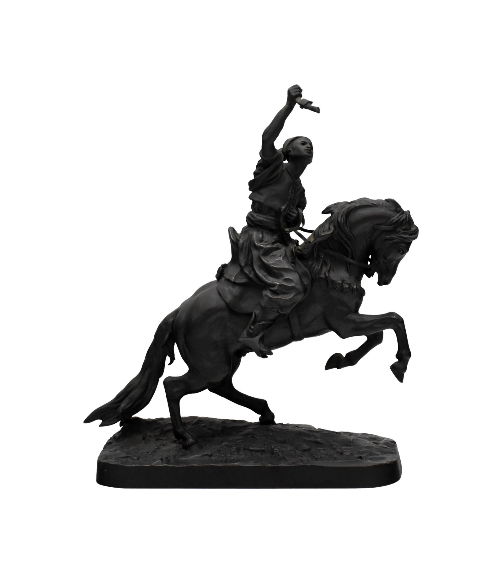 Eugene Alexandrovich Lanceray Sculpture: (Russian, 1875-1946). Patinated bronze. "Arab Fantasia". Signed and stamped with a foundry mark. 11" high x 9" wide x 4" deep. 6.4 lbs.Good overall surface and stable condition. Rifle in the right