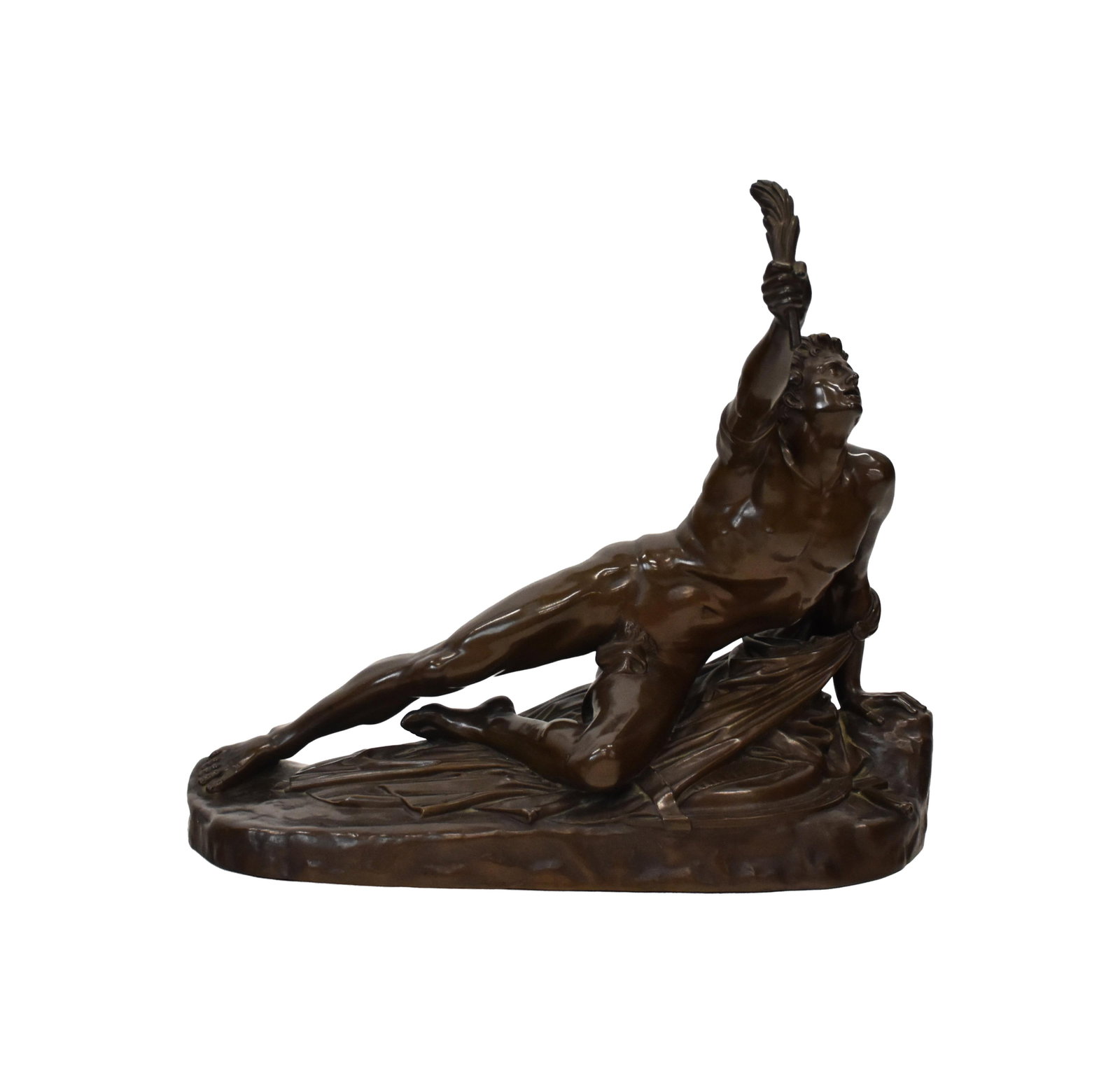 Bronze Sculpture, After Jean-Pierre Cortot: (French, 1787-1843). Reclining nude male. Classical style Grand Tour bronze sculpture. "The Soldier of Marathon". The original work is housed in the Louvre. Stamped "F. Barbedienne, Founder". 15"
