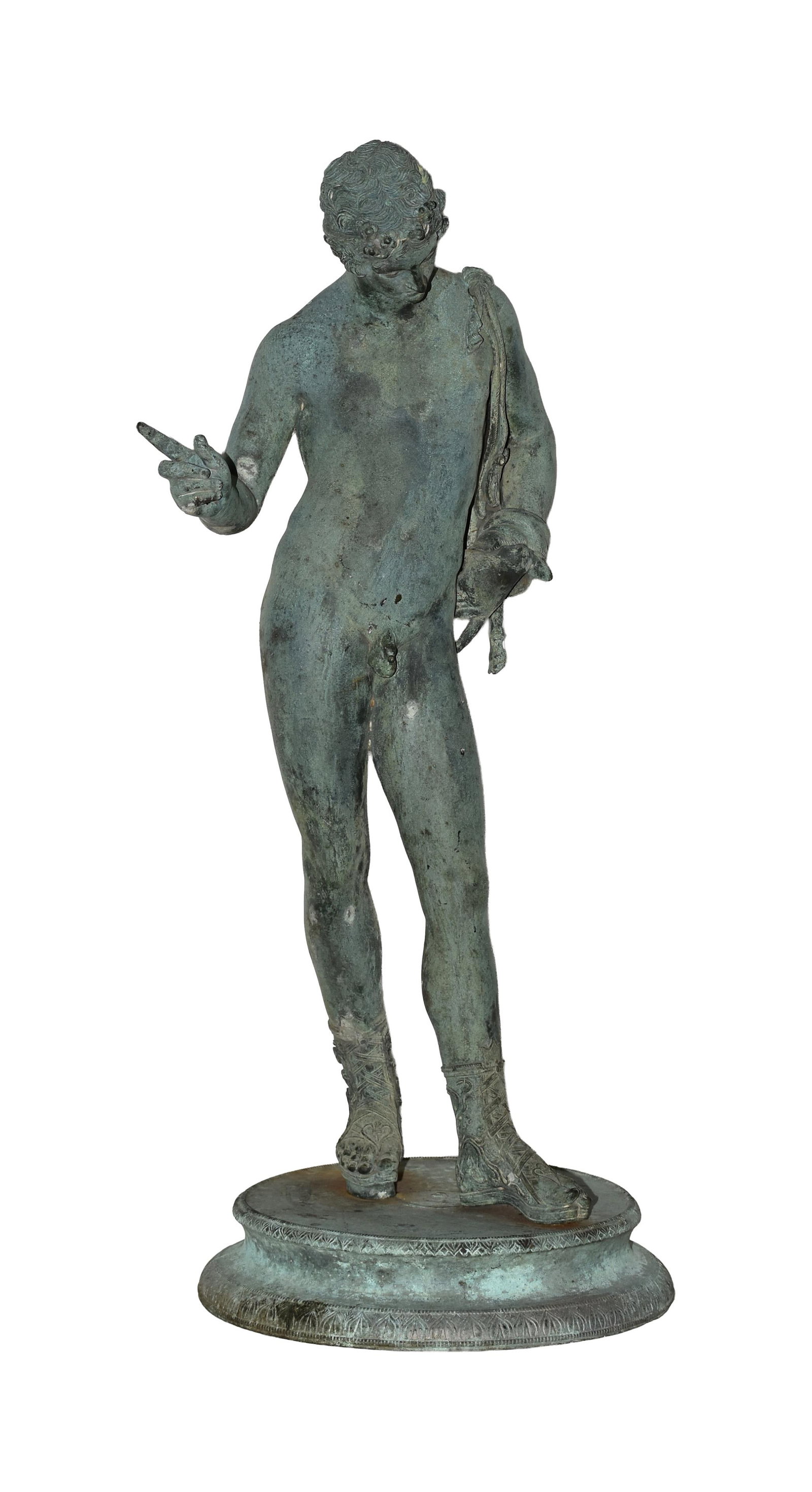 Bronze Sculpture of Narcissus: 19th C. Grand Tour. After the original sculpture in the Museo Nazionale in Naples, Italy. Unsigned. 24" high x 10" diameter at base. 21.8 lbs. Provenance: Estate of Alfred J. Walker, legendary art