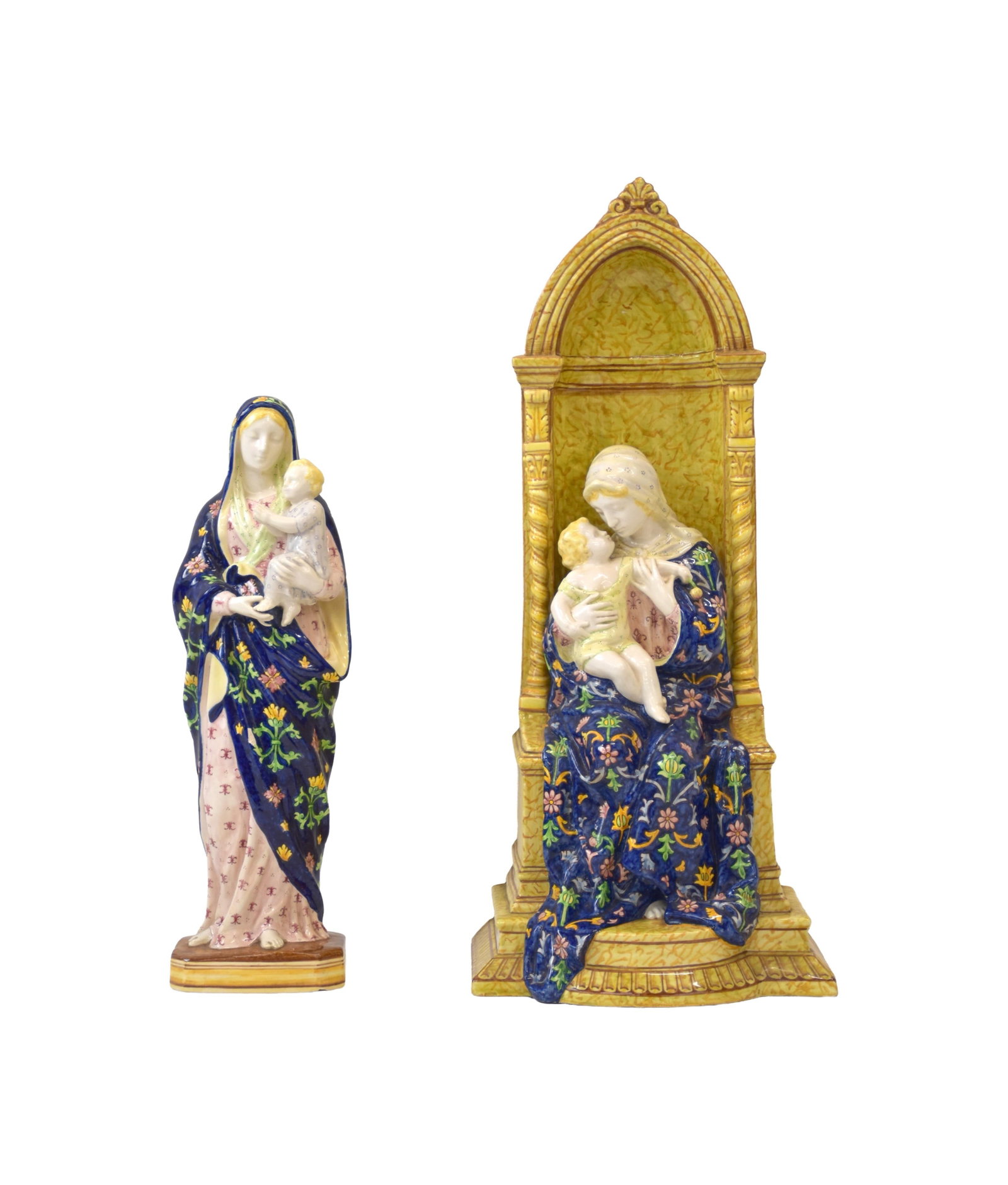 (2) Angelo Minghetti Madonna and Child Sculptures: (Italian, 1822-1855). Polychrome glazed ceramic. To include: (A) Standing figure of Madonna and child. Signed on inside: "Minghetti, Bologna, Italy". 18" high x 5 1/4" wide x 4 1/4" deep. 5.6 lbs.