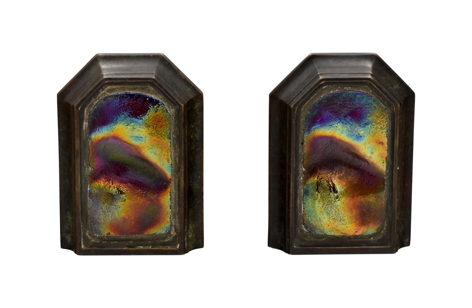 Tiffany Studios Bronze Bookends: Early 19th C. Marked "Tiffany Studios, New York". Tiffany iridescent turtle-back glass inset on sides. 5" high x 4" wide x 4 1/4" deep. 4.4 lbs.Good original condition. Nice old patina. IMPORTANT- Ple