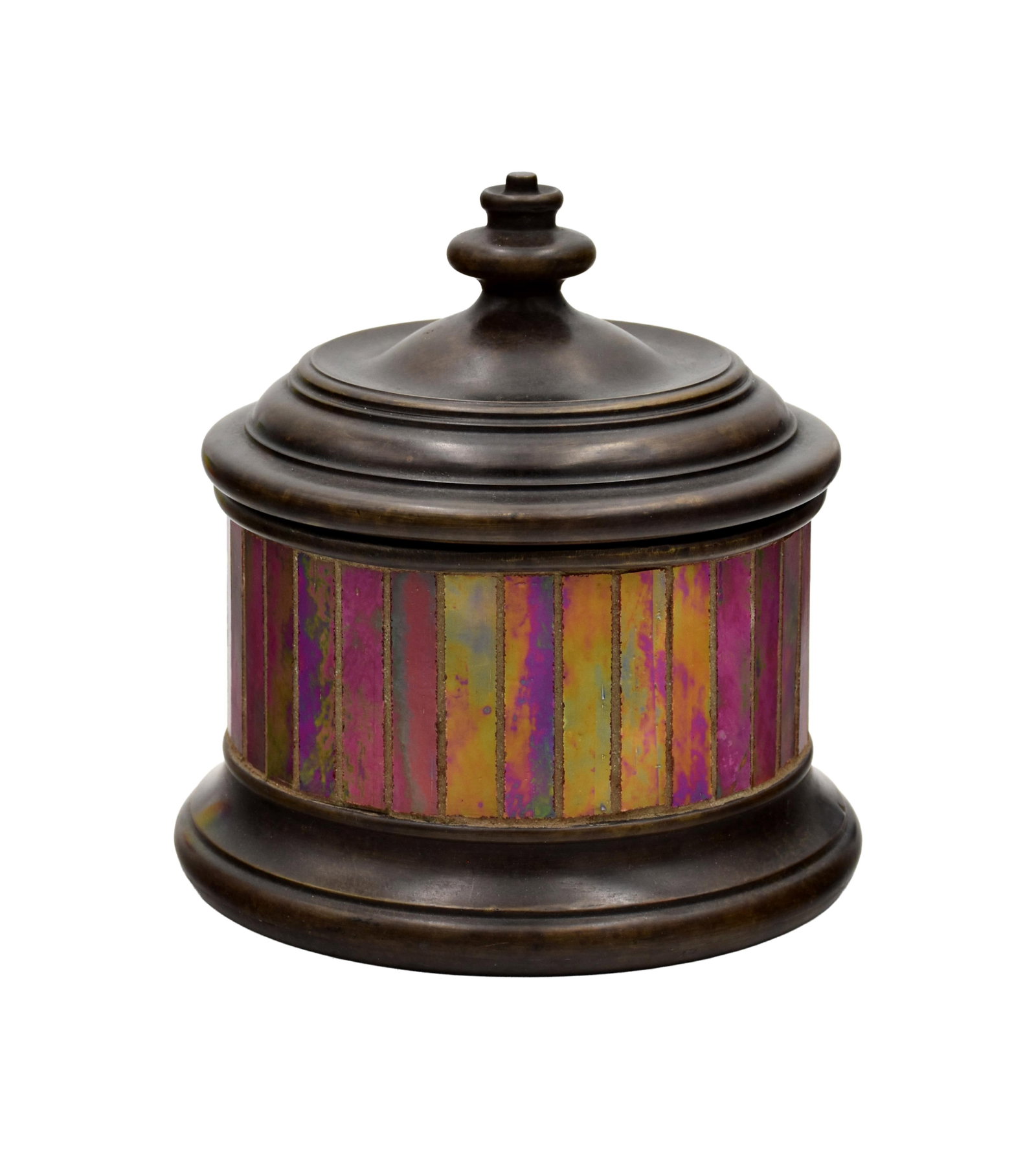 Tiffany Studios Bronze Humidor: Early 19th C. Heavy bronze circular lift top. A rare and unusual paneled iridescent red mosaic glass trim on sides. Signed on verso: Tiffany Studios, New York with Tiffany Glass and Decorating Company