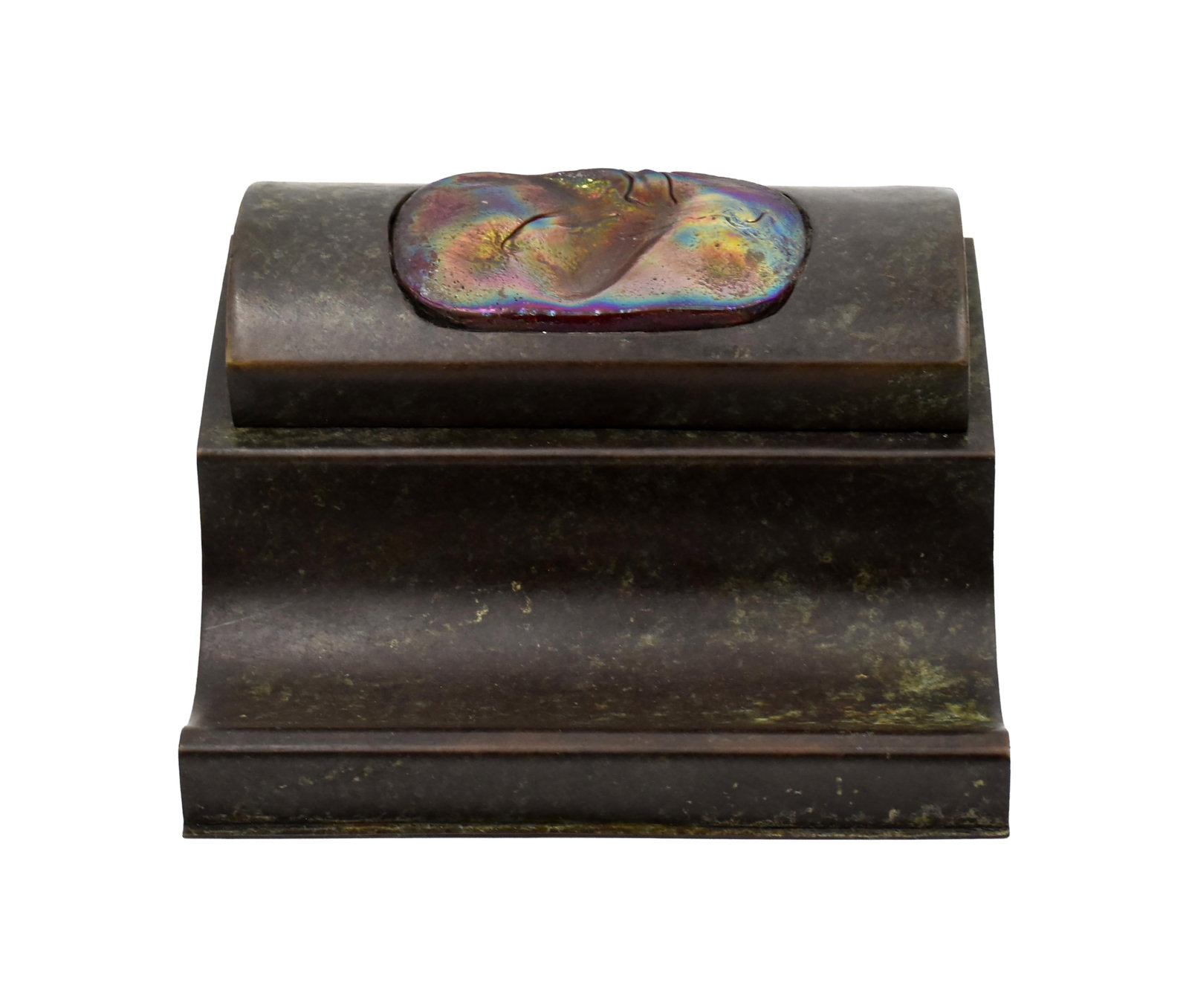 Tiffany Studios Bronze Inkwell: Early 19th C. Inset Tiffany glass on lid. Marked on verso: "Tiffany Studios, New York" with the Tiffany Glass and Decorating Company monogram. 3 1/2" high x 7 1/4" wide x 6 1/2" deep. 3.2 lbs.Good ori