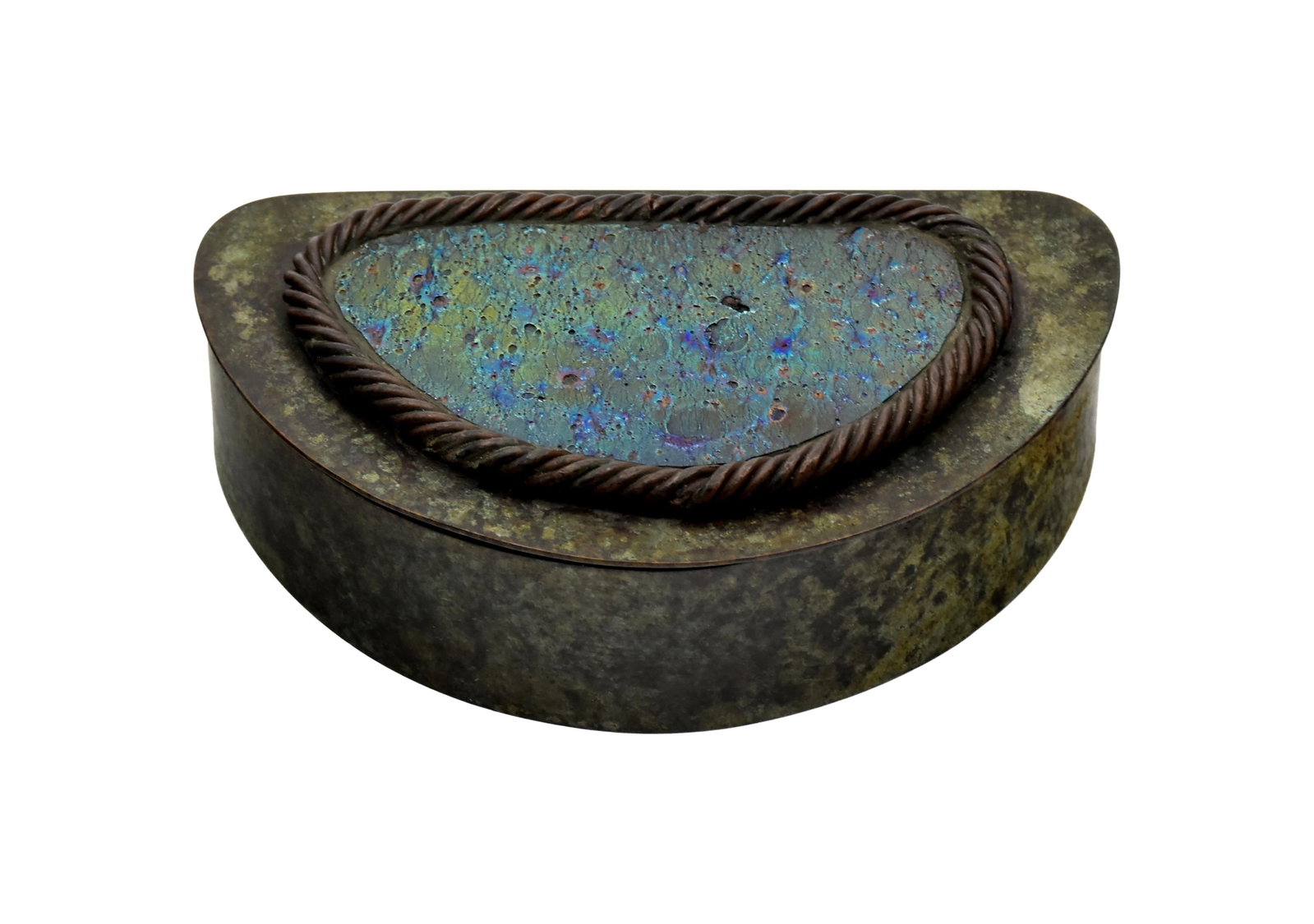 Tiffany Studios Bronze Covered Box: Early 19th C. Applied Tiffany glass medallion on lid with a rope twist bronze border. Marked on verso: "Tiffany Studios, New York" with Tiffany Glass and Decorating Company logo. 2" high x 6" wide x