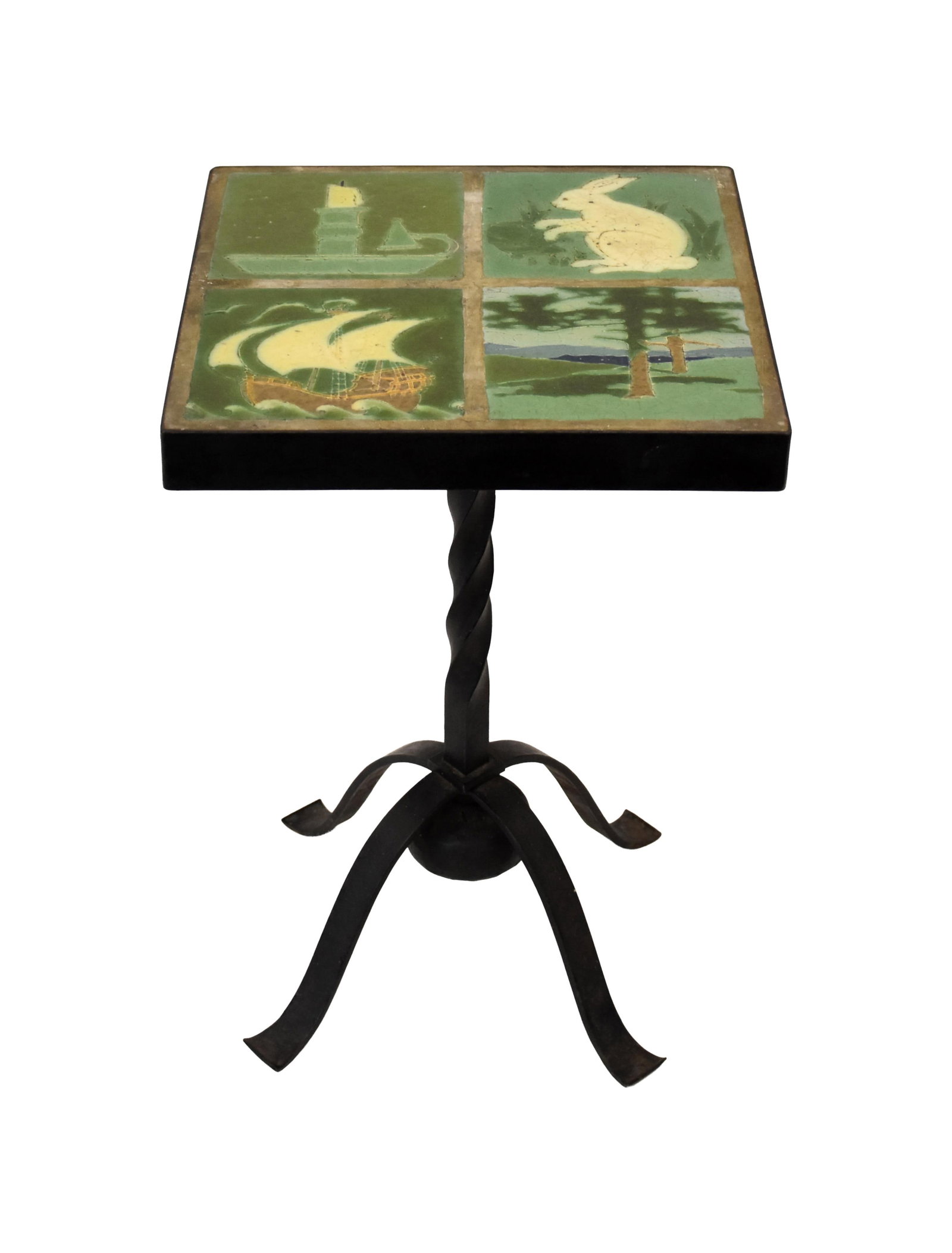 Grueby Tile-Topped Table: Early 20th C. Four Grueby tiles inset and mounted into a bronze Arts and Crafts base. Tiles feature: rabbit, stylized trees, sailing ship and a chamber stick. 20" high x 13 1/2" square top. Approx.