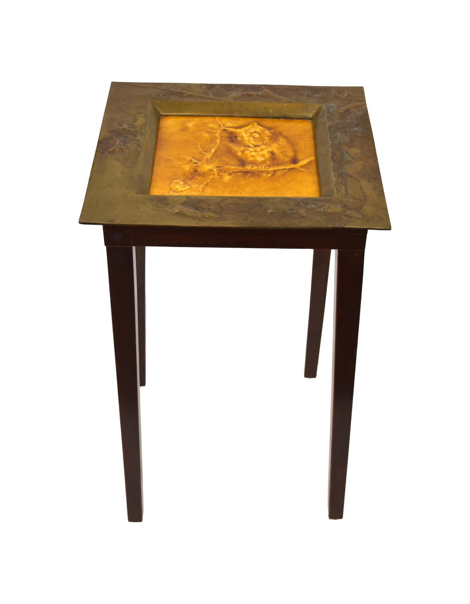 J. & J.G. Low Owl Tile-Topped Table: Early 20th C. Marked "J. & J.G. Low, Chelsea MA, copyright 1882" on underside. In a period custom-made bronze frame with embossed floral design and three rats. Plain wood base. 20 1/2" high x 13 1/2"