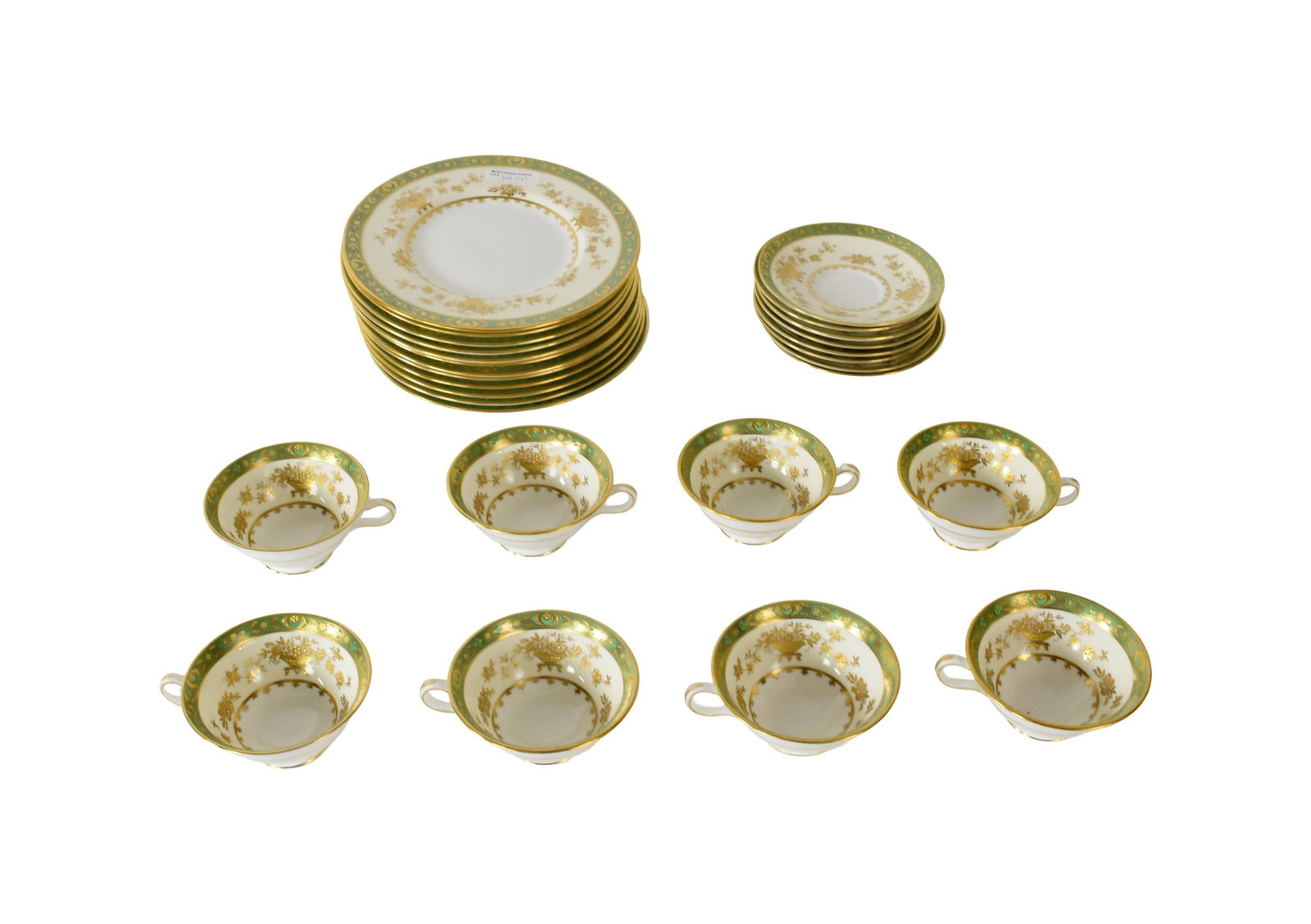 (28) Pieces Minton Dinnerware for Tiffany & Co.: Late 19th/Early 20th C. Ivory background and green border with raised floral gilding. Stamped "Minton, Bone China, Made in England, Tiffany & Co, New York" on bottoms. To include: (A) Twelve plates.