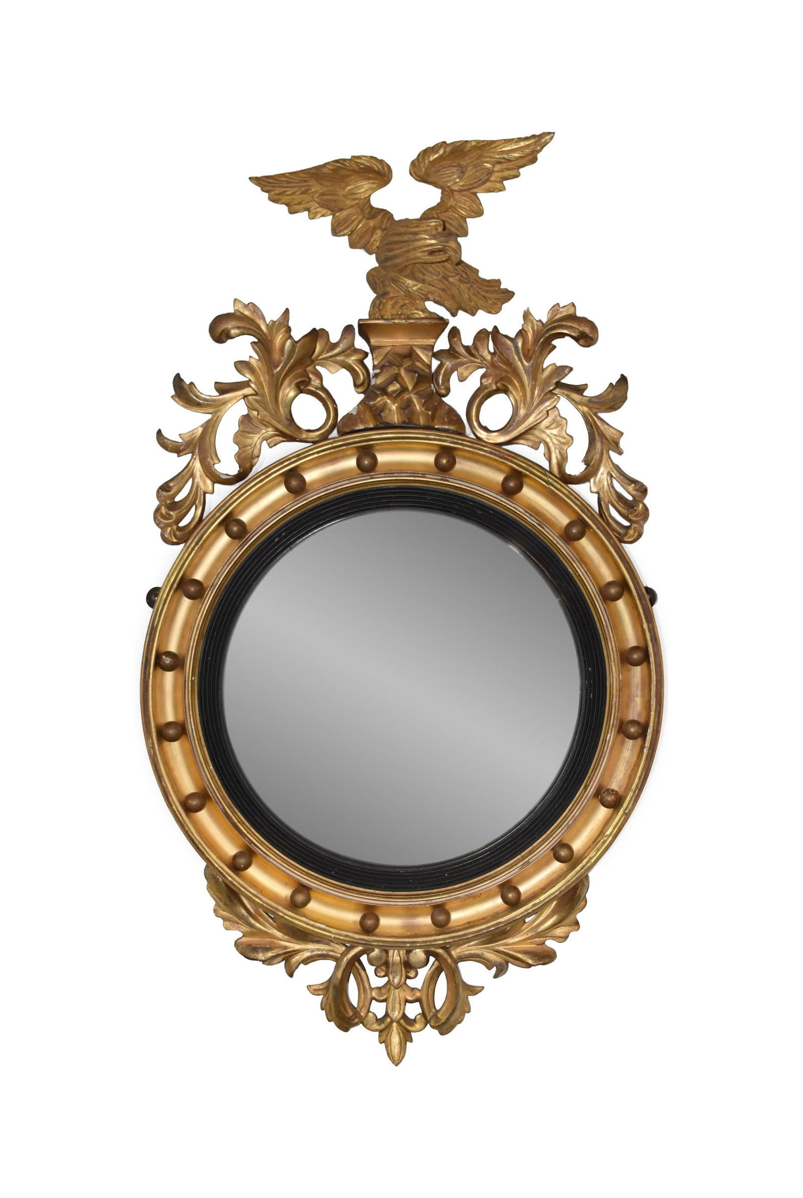 Regency Girandole Mirror: Early 19th C. Carved eagle crest. Ornate floral trim. Convex mirror. 42" high x 25" diameter. Provenance: Estate of Alfred J. Walker, legendary art dealer and collector. Founder of Walker-Cunningham F