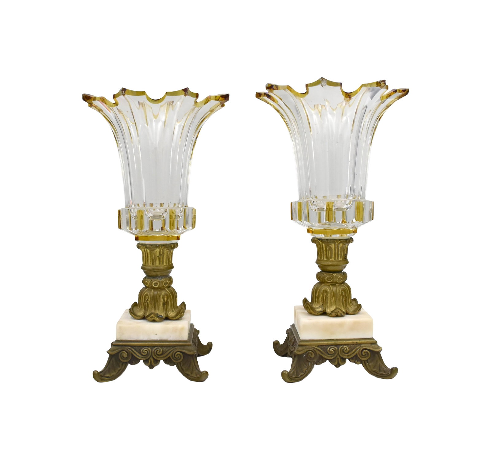 Pair of Cut Glass Vases: Mid-19th C. Probably France. Gilt flashed. Ornate bronze mounts. Marble base. 9 1/2" high x 5 1/2" wide.One shows crack in the marble base and minor chips to flared edges. The second has a crack in