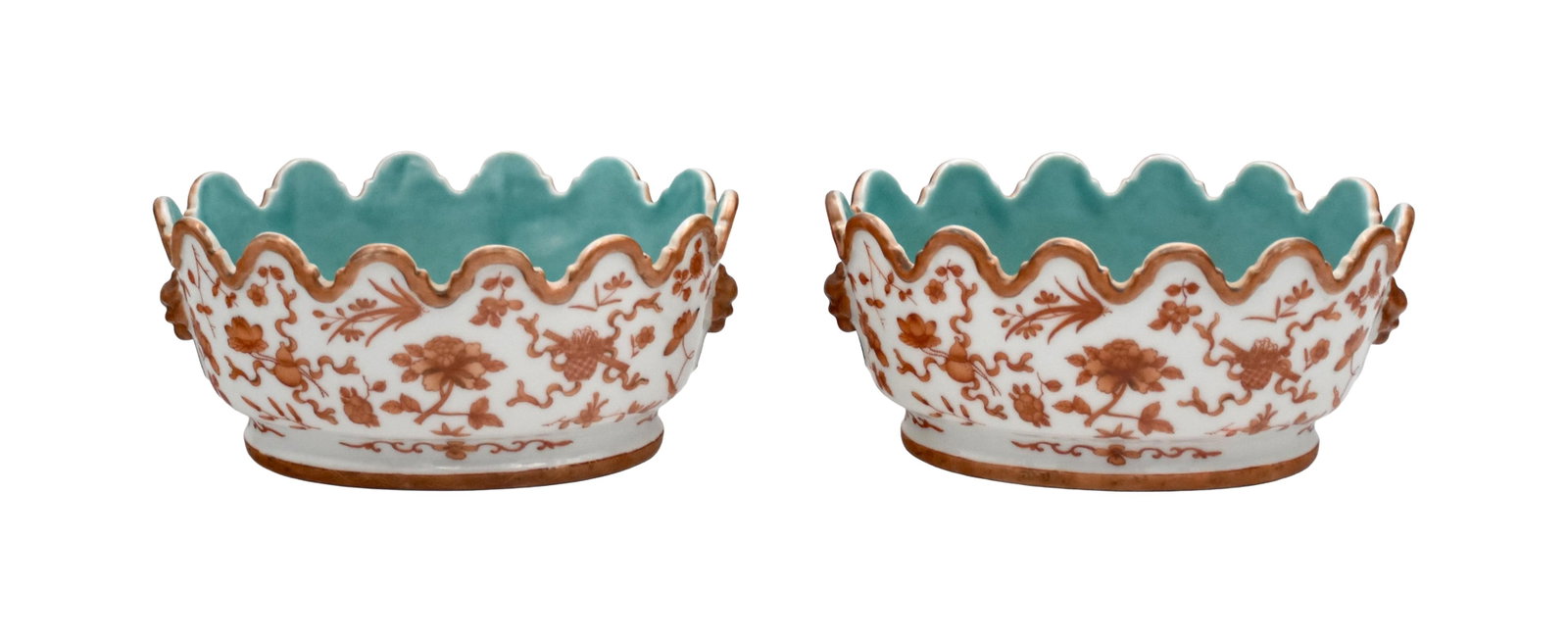 Pair of Chinese Porcelain Scallop Edge Dishes: Late 19th/Early 20th C. Havemeyer provenance. Lion head handles. White with orange exterior and aqua interior. Marked on bottom. 3 1/2" high x 7" wide x 5" deep.Good condition. IMPORTANT- Please