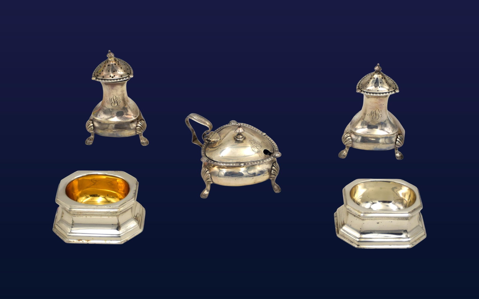 (5) Assorted Sterling Silver Items: 20th C. To include: (A) Two salt cellars, one with gilt-washed interior. Octagonal rims, stepped bases and bowl-form wells. One marked "Ensko" and the other "Tiffany & Co." to bottom. 1/2" high x 2