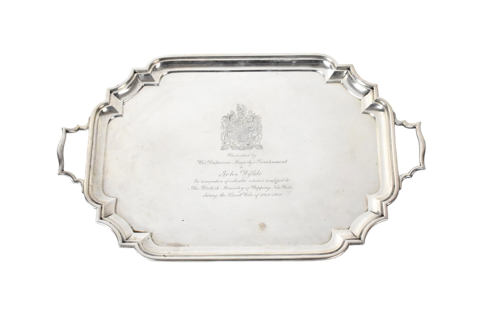 Sterling Silver Presentation Tray: Ca. 1906. British. Scroll handles and cut-corner outline. with stamped hallmarks and "Goldsmiths and Silversmiths Company, 112 Regent Street W" on verso. Engraved on front of the tray are a heraldic