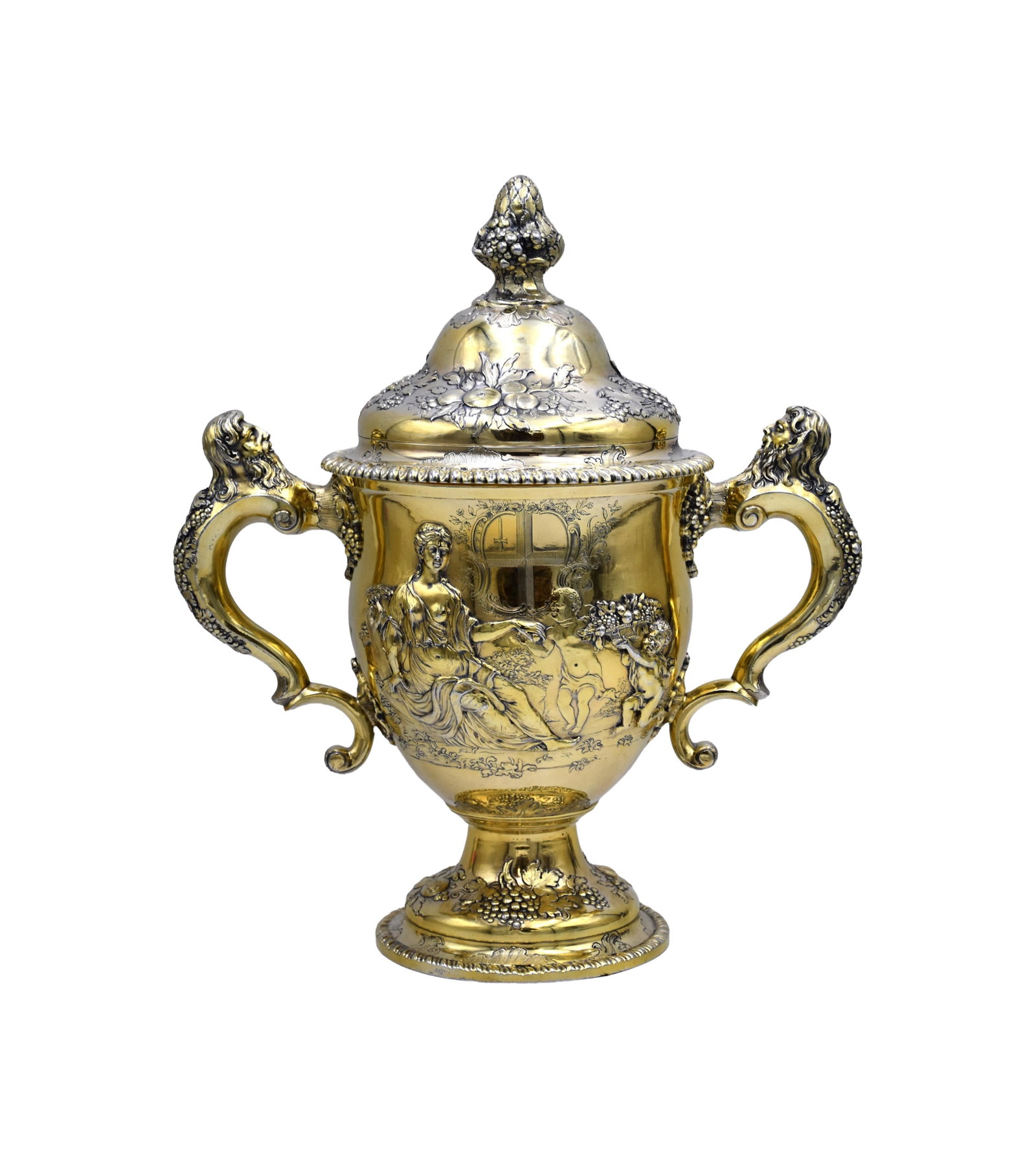 George II Sterling Covered Presentation Cup: 18th C. Gold gilt surface inside and out. Lid and cup are hallmarked BG. The hallmark is likely that of London silversmith Benjamin Gignac. Cup is engraved: "The gift of the Lord Mayor and Court of