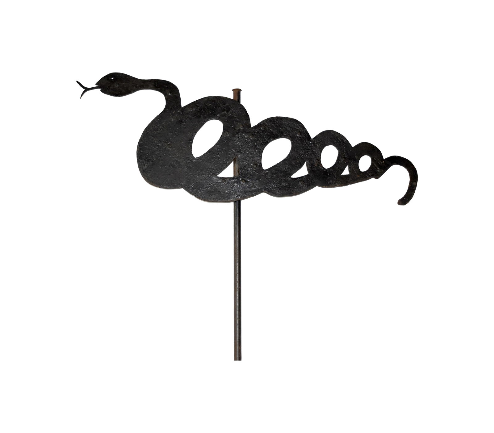 Sheet Iron Serpent Weathervane: 19th C. Black painted surface. Riveted reinforced metal supports. Mounted on an iron rod. Weathervane: 10" high x 30" wide. 42 1/2" overall rod height.Good condition consistent with age and use. Resto