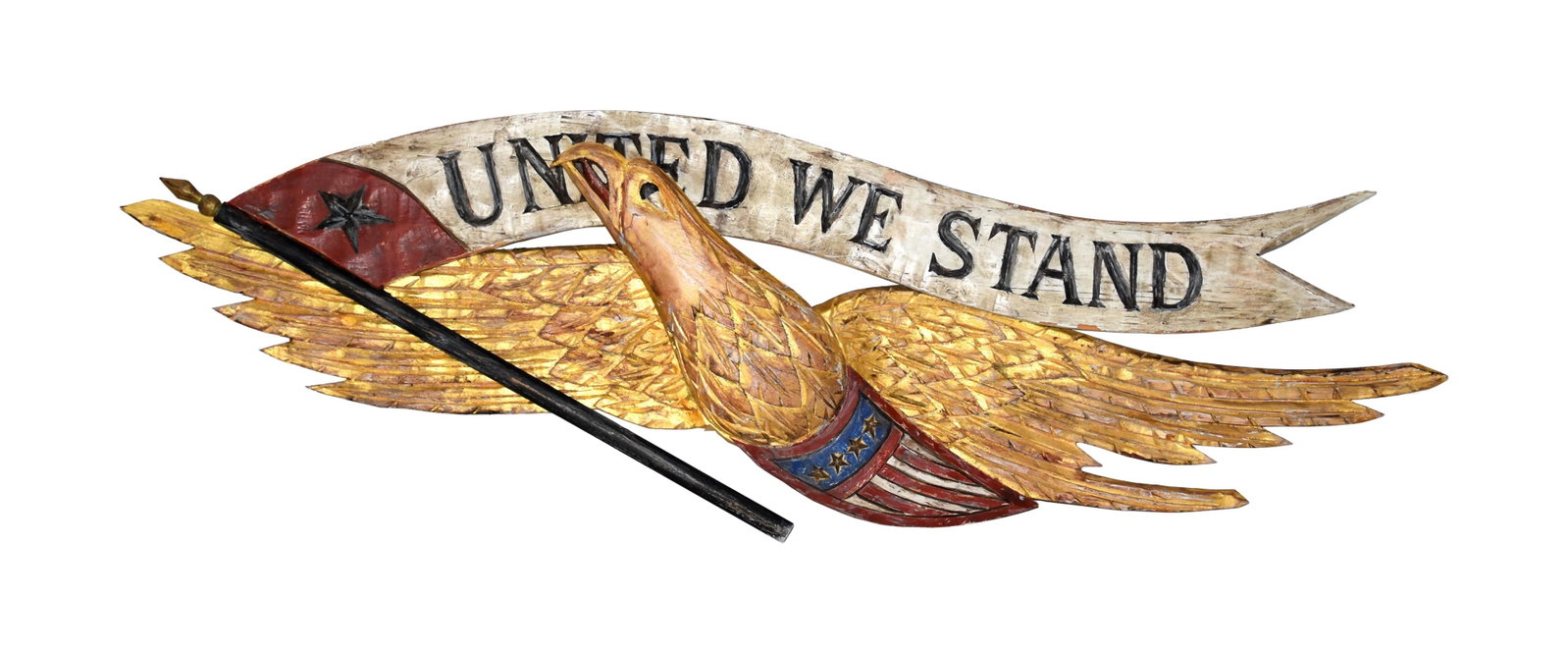 Bellamy-Style Eagle Plaque: 20th C. Carved and painted. Banner with "United we Stand". 9 1/2" high x 30" wide.No damage. Slightly worn condition. Age appropriate wear. IMPORTANT- Please note: all items are sold as is, where is,