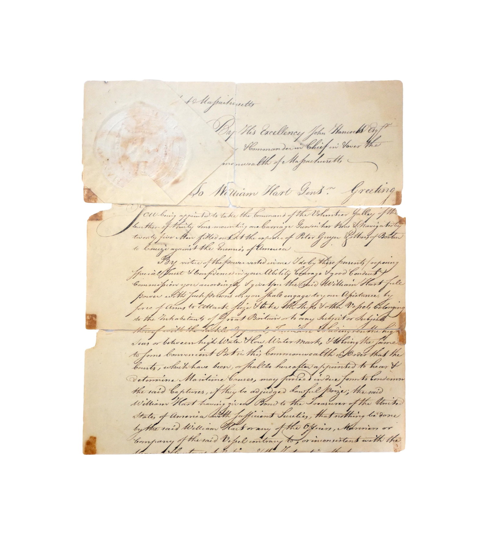 John Hancock Handwritten and Signed Letter: Ca. 1782. Letter is addressed to William Hart to take command of the VOLUNTEER galley. During the Revolutionary War, this William Hart is believed to be a major-general in the first Regiment