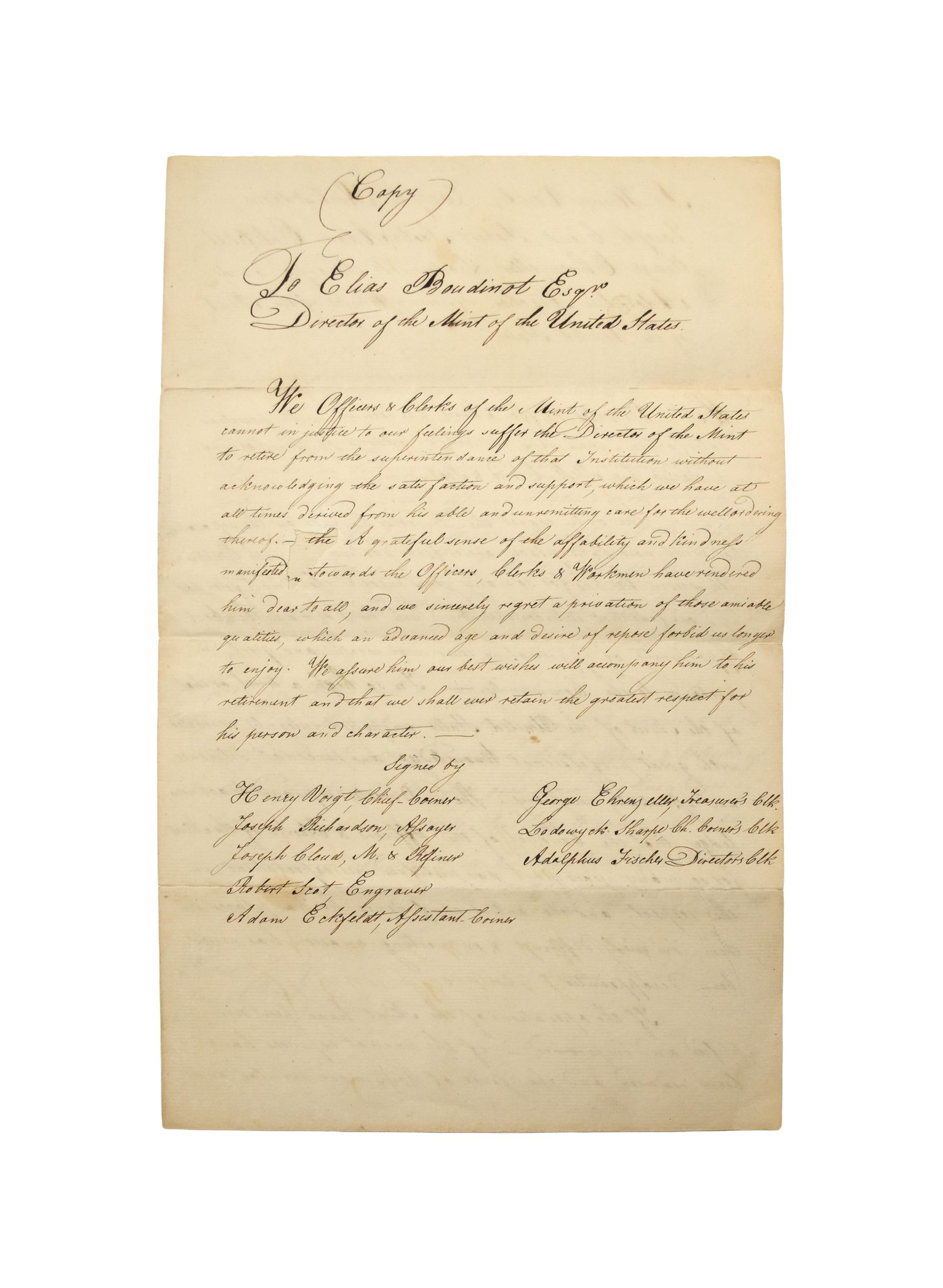Signed Letter by Elias Boudinot, Esq.: June 26, 1805. Philadelphia. Elias Boudinot was an American Founding father, lawyer, abolitionist and women's rights advocate during the Revolutionary War. He was also an intelligence officer and the