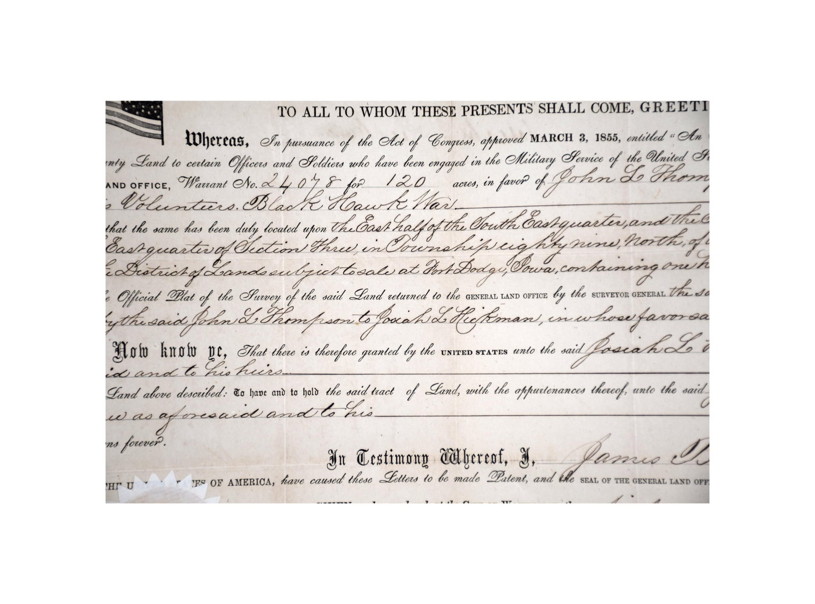 President James Buchanan Signed Document: This document is authorizing a military bounty and land warrants dated January 4, 1855. The grantee is Jeremiah Blackburn for land in Batesville, Arkansas for his services in the Indian War. It bears