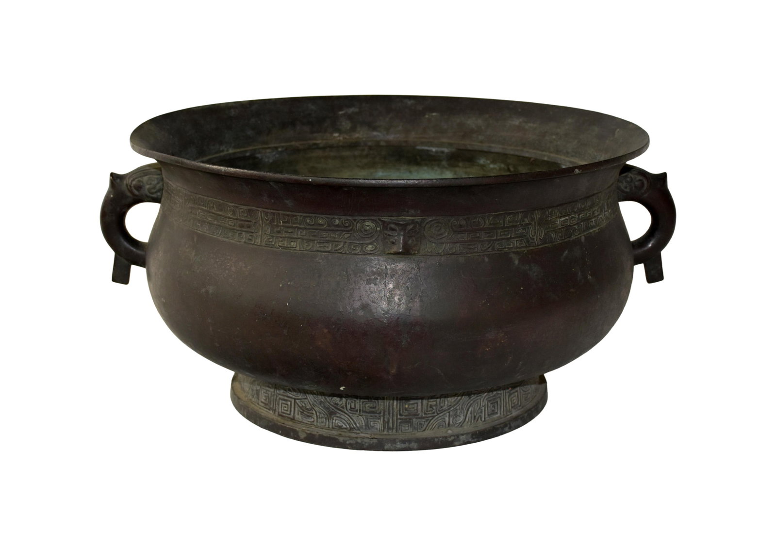 Large Bronze Chinese Censer - Archaistic Style: Probably dated to the late Qing or Early Republic Period Ca. 1880-1920. Heavily cast bronze with an old dark patina. Decorated with cats, archaistic thunder pattern with stylized motifs. Opposing