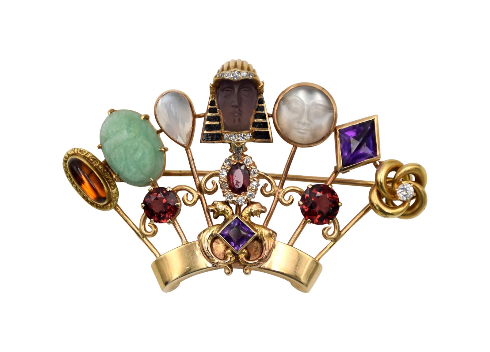 Vintage Gold Brooch: Made from an assemblage of antique Victorian and Edwardian stick pins. Yellow gold. Unmarked but all parts have been tested 14kt. Set with a variety of stones including jade, amethyst, citrine, ruby,