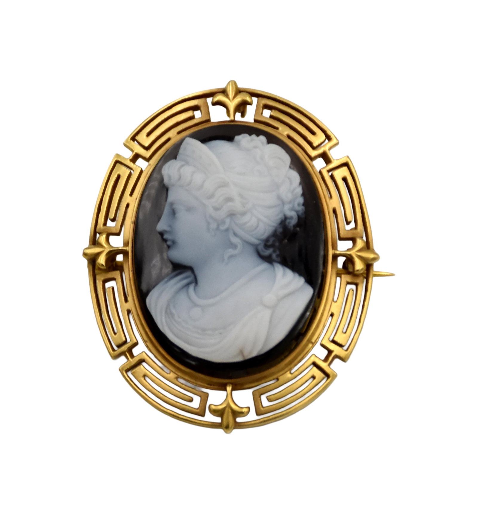 Hardstone Cameo Brooch: 19th C. Greek key border. Set in 14k gold (tested). 1 3/4" high x 1 1/4" wide. 9. 2 total dwt. In old as-found case. Good condition but missing loop for chain. IMPORTANT- Please note: all items are