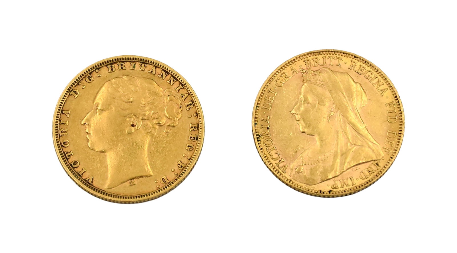 (2) Gold Sovereign Coins: To include: (A) Dated 1879. (B) Dated 1900. 10. 1 total dwt. Good condition. Circulated. IMPORTANT- Please note: all items are sold as is, where is, with all faults. Marion Antique Auctions