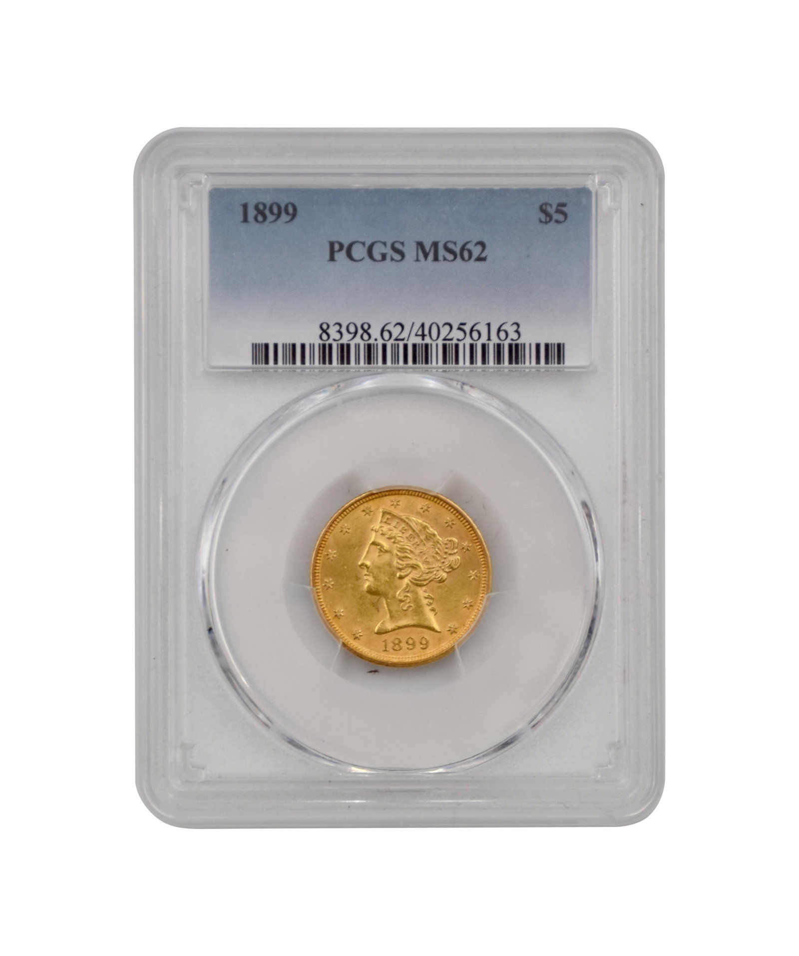 $5 Liberty Half Eagle Gold Coin: 1899. In slab. PCGS graded. MS62. IMPORTANT- Please note: all items are sold as is, where is, with all faults. Marion Antique Auctions encourages all bidders to examine items prior to bidding, if at