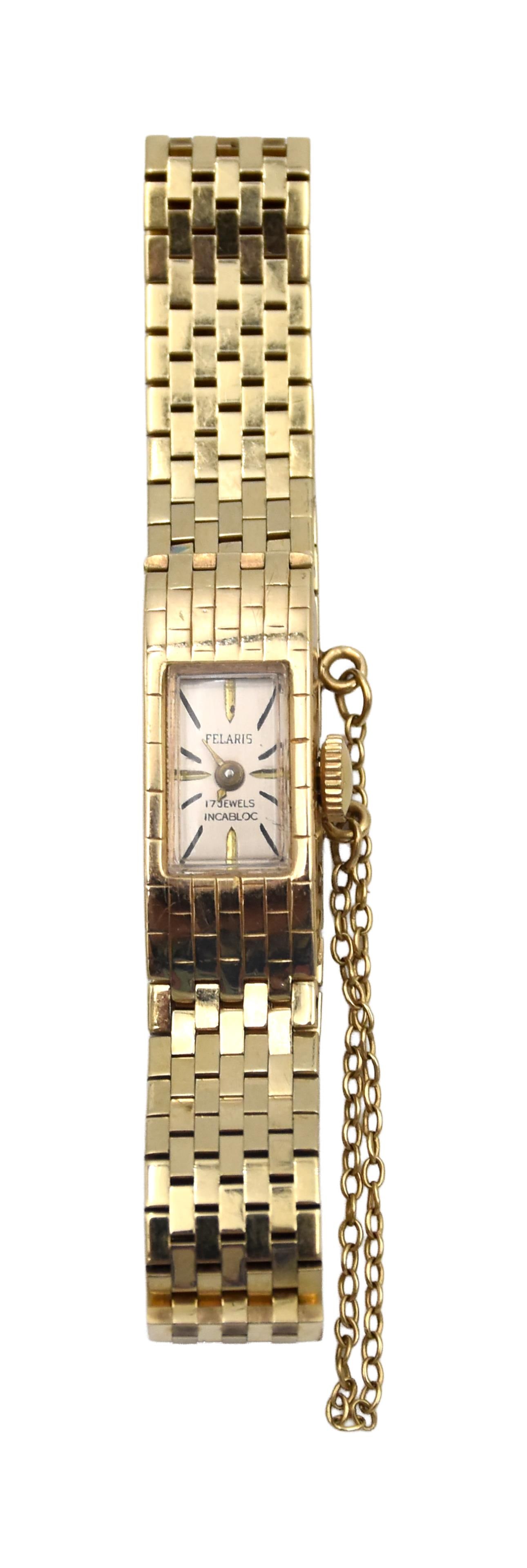 Felaris 17-Jewel Ladies Watch: 14kt yellow gold. Without works. 2" diameter when clasped. 12.4 dwt. Unknown working condition. IMPORTANT- Please note: all items are sold as is, where is, with all faults. Marion Antique Auctions enc