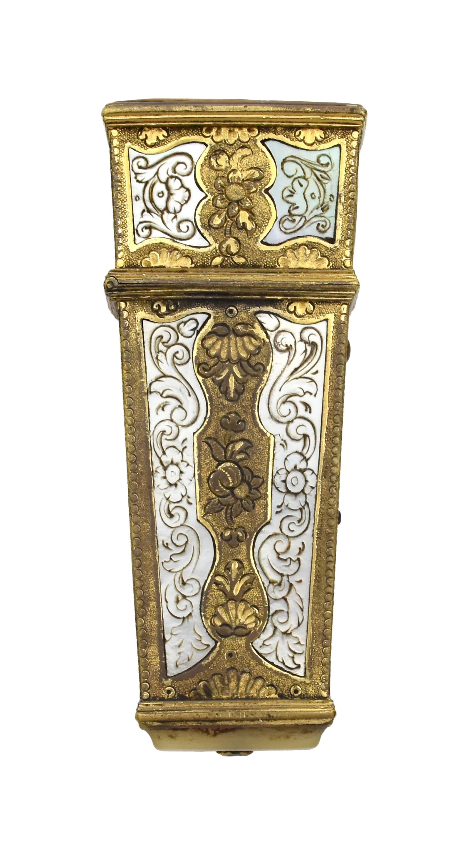 Vesta Case: Late 19th C. Possibly French. Engraved floral and foliate designs. Engraved mother of pearl panels. 3 5/8" high x 1 1/2" wide x 3/4" deep. Good condition. IMPORTANT- Please note: all items are sold